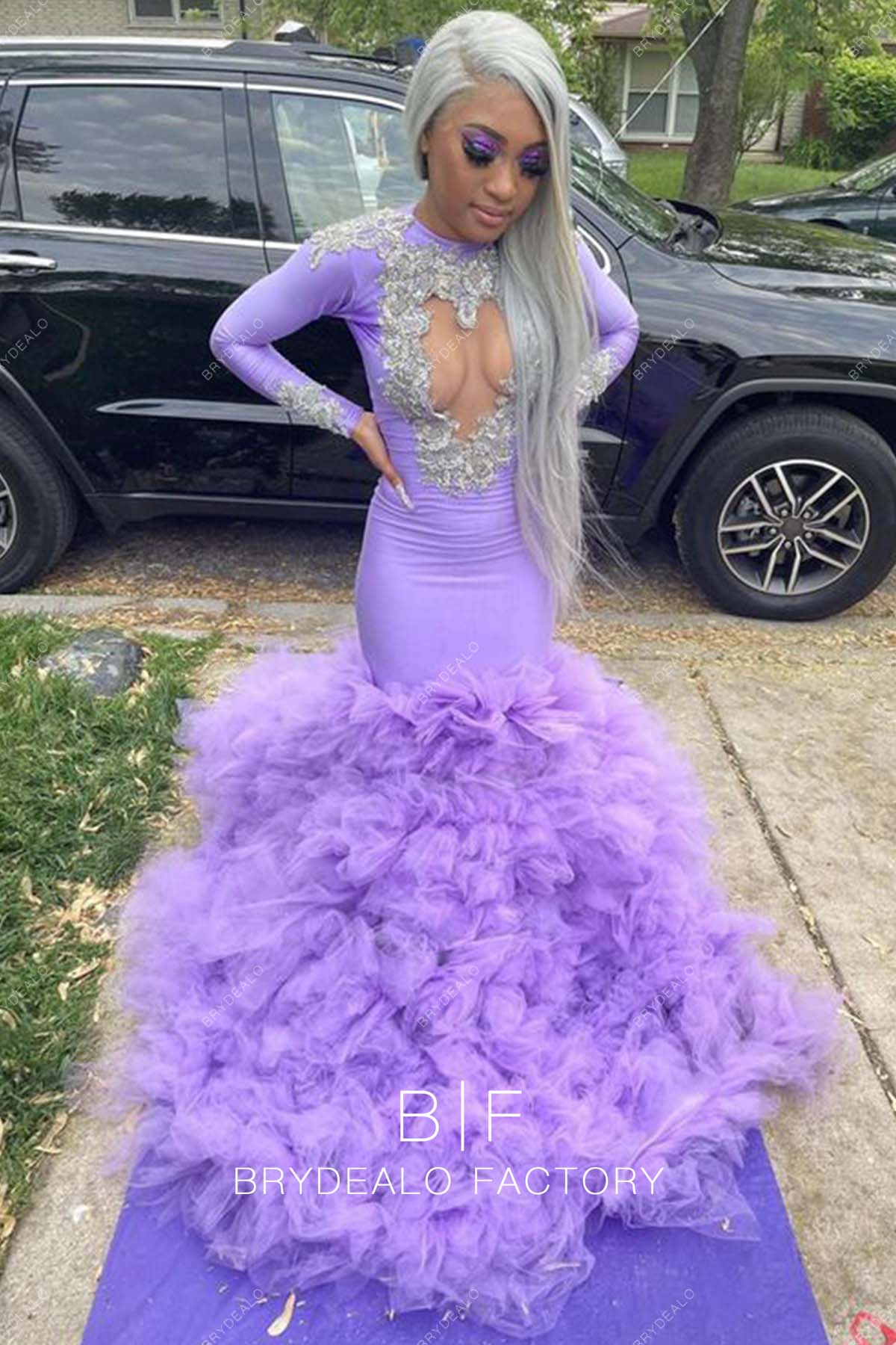 chinese dress ladies Chiffon See through Floral Lace Top Long Sleeve Lilac Prom Dress Formal  Dress