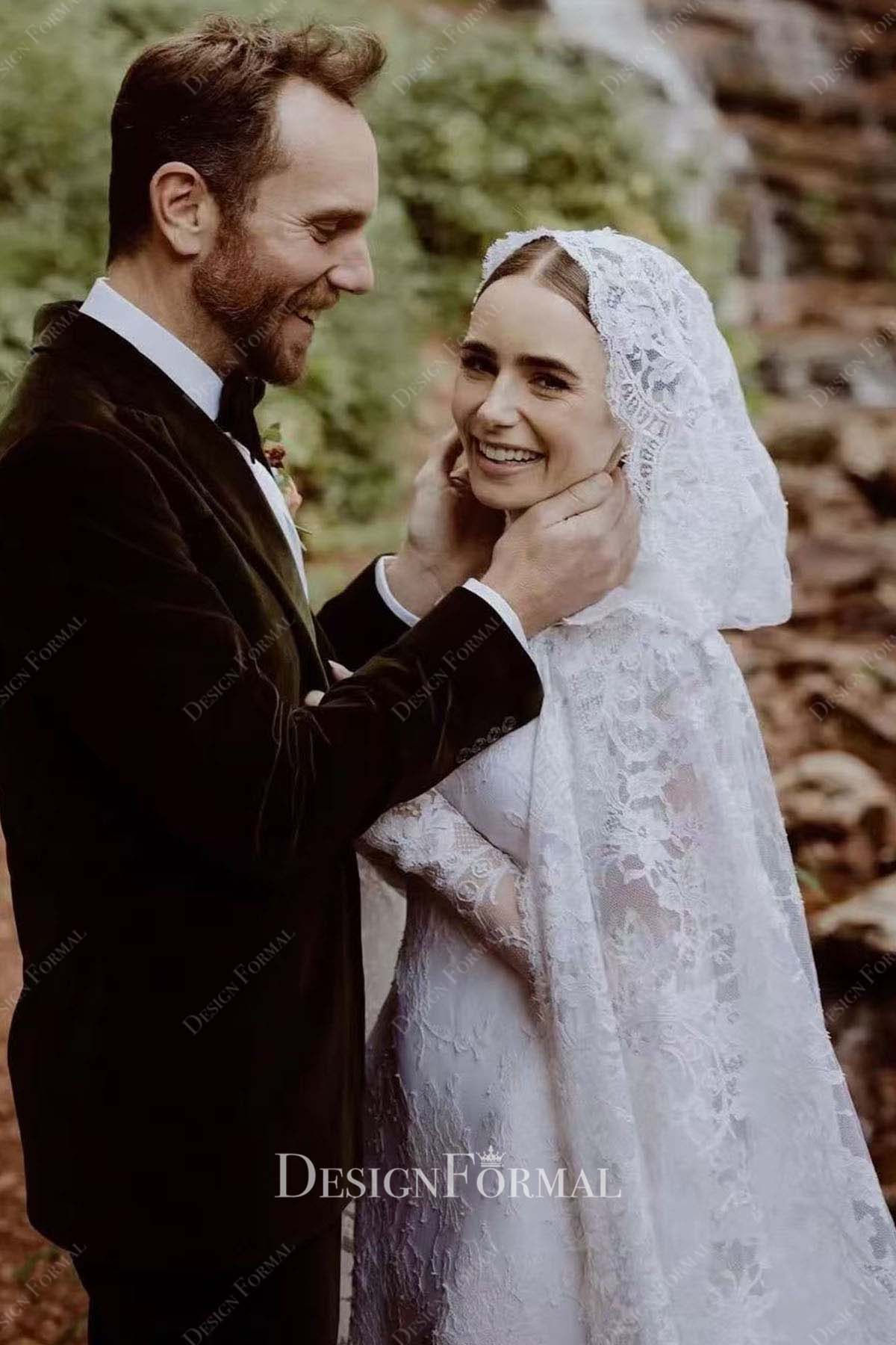 lily collins lace scalloped cloak veil