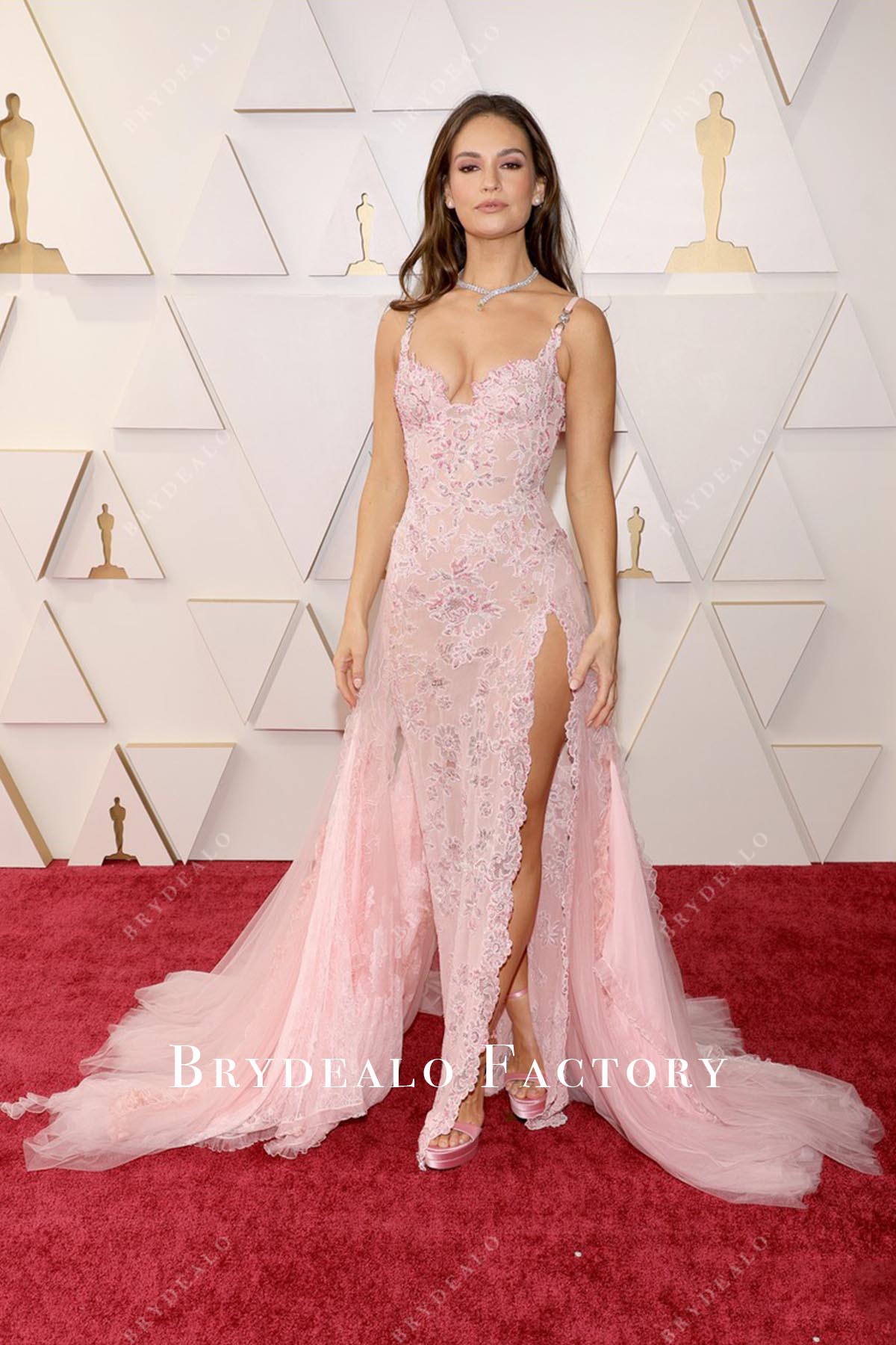 open lace back dress Lily James Glitter Pink Lace Panel Train Oscars 2022 Dress
