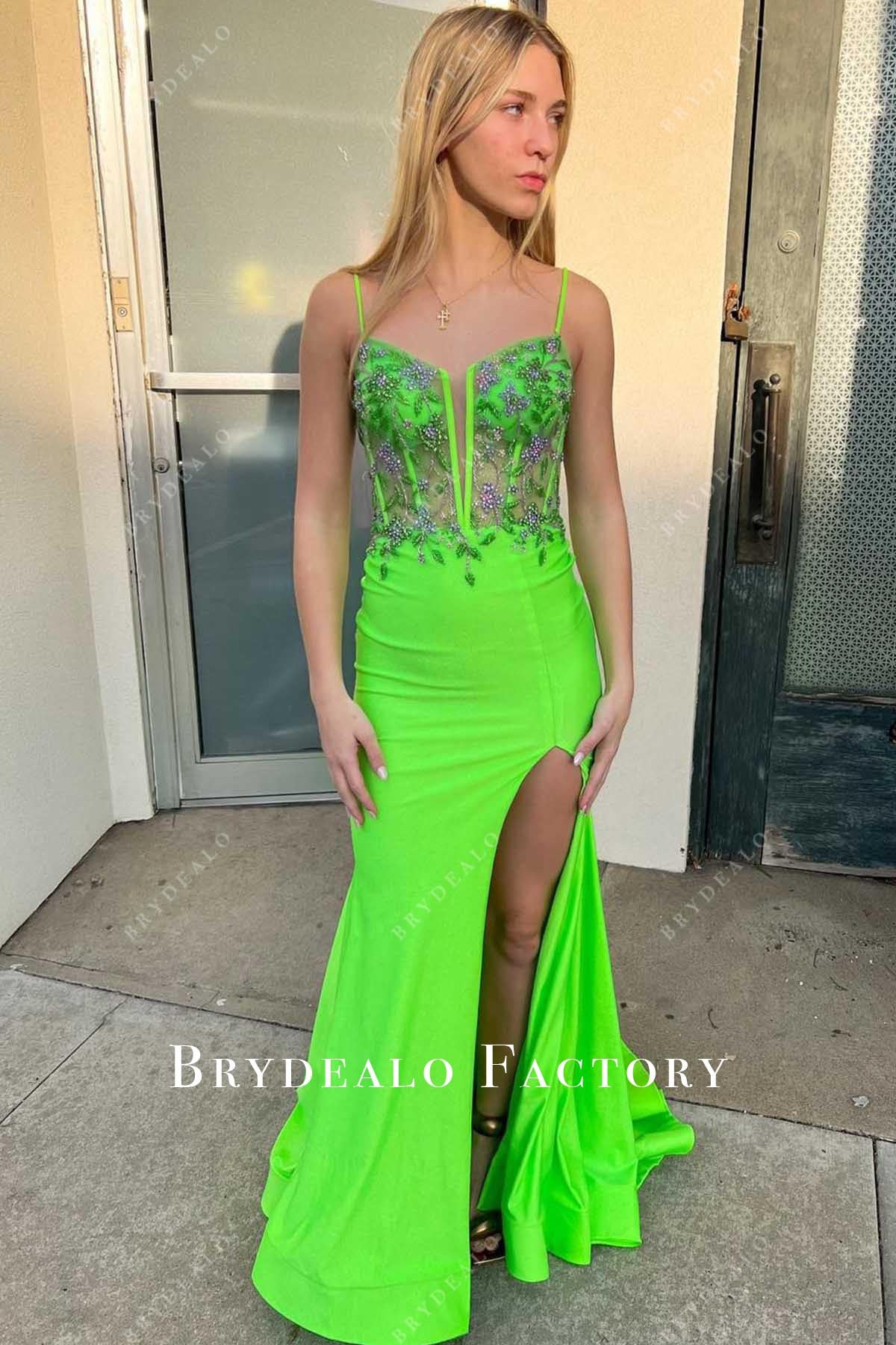 Prom Dress | Lime Green Thin Straps V-Neck Slit Mermaid Formal Gown Prom Dress | Lime Green Thin Straps V-Neck Slit Mermaid Formal Gown
