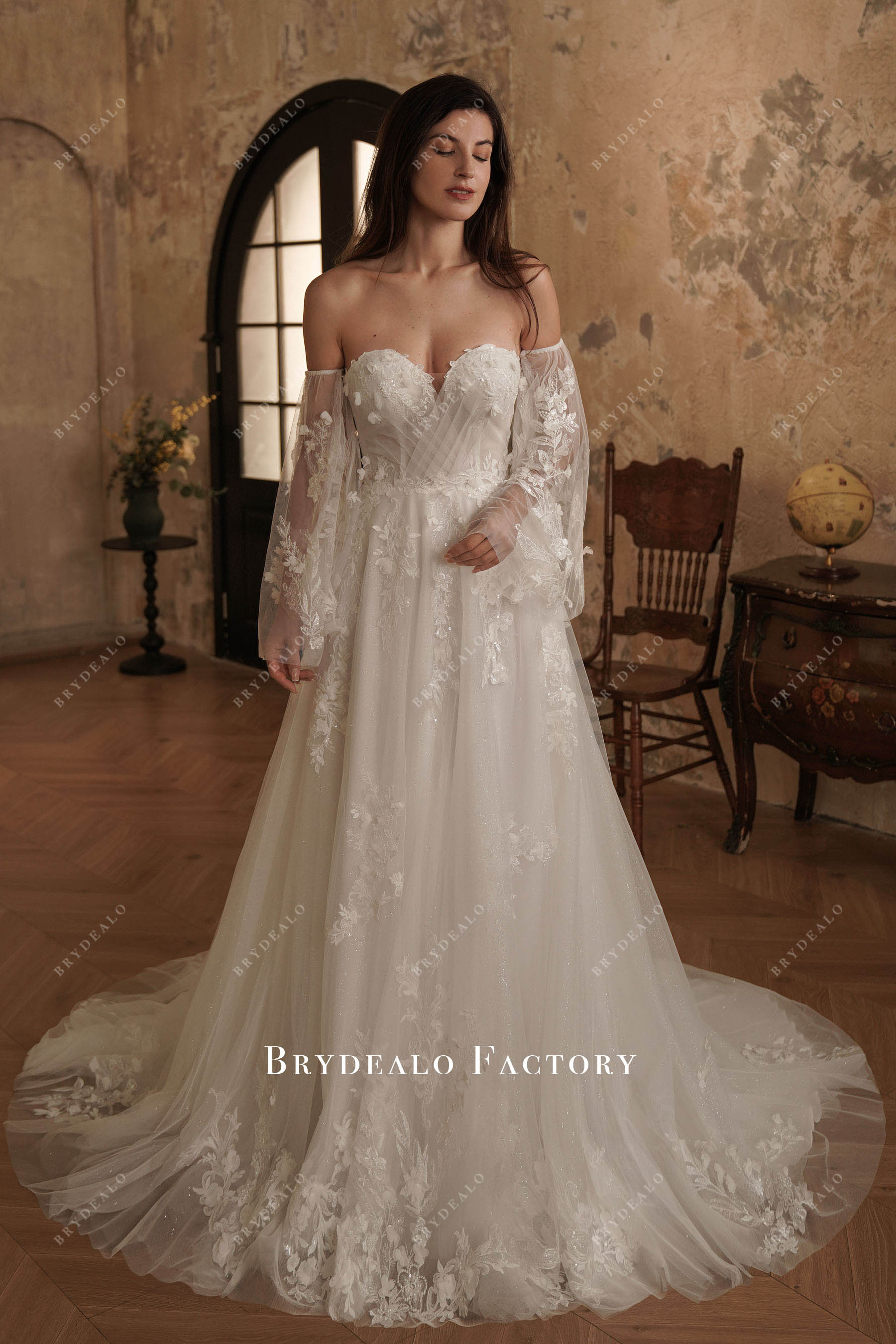 Glitter Lace Strapless Detachable Sleeves A-Line Wedding Dress