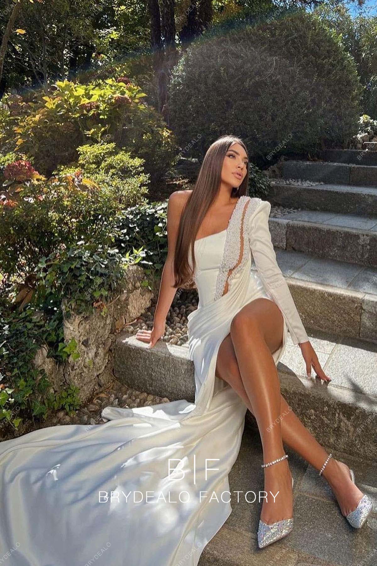 Unique Pearls One Sleeve Sexy Slit Wedding Dress