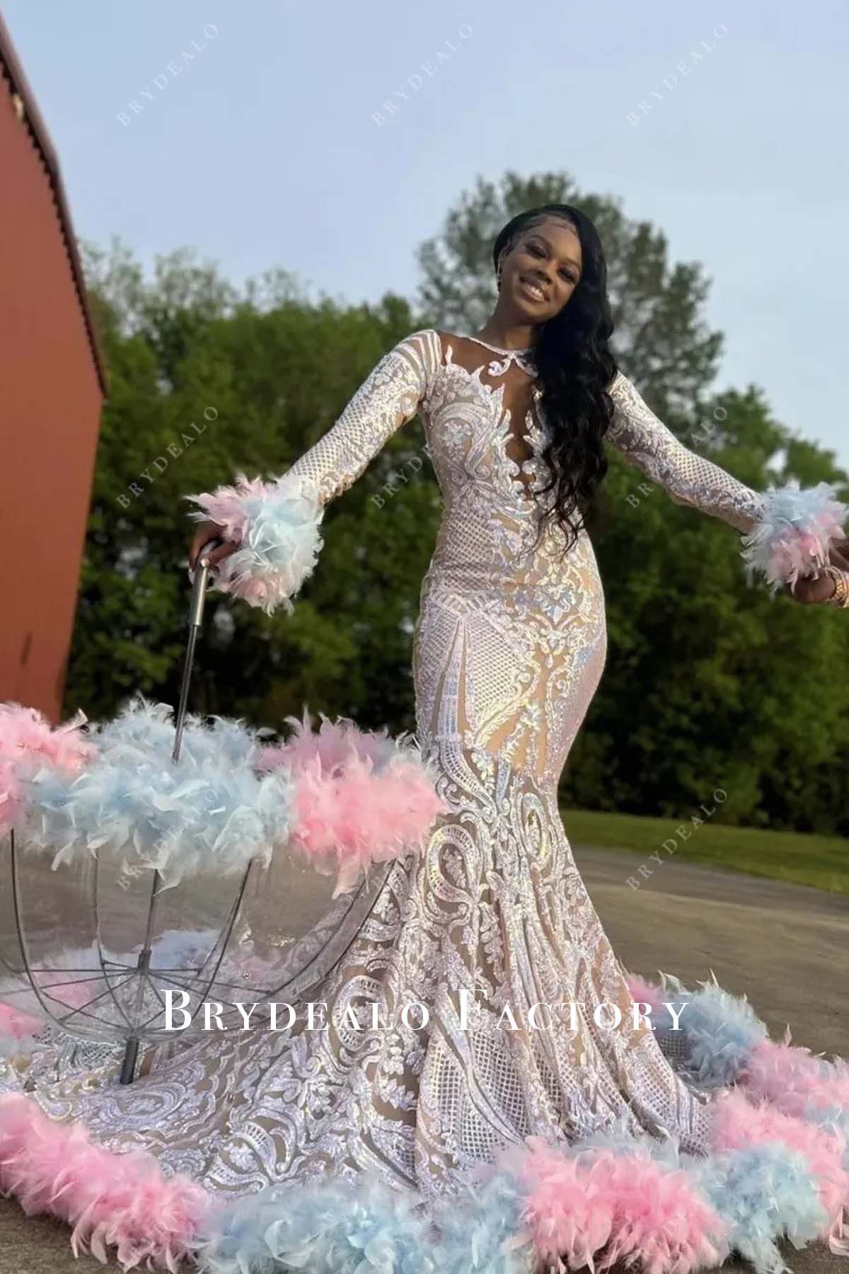 Iridescent Sequin Blue Pink Feather Prom Dress