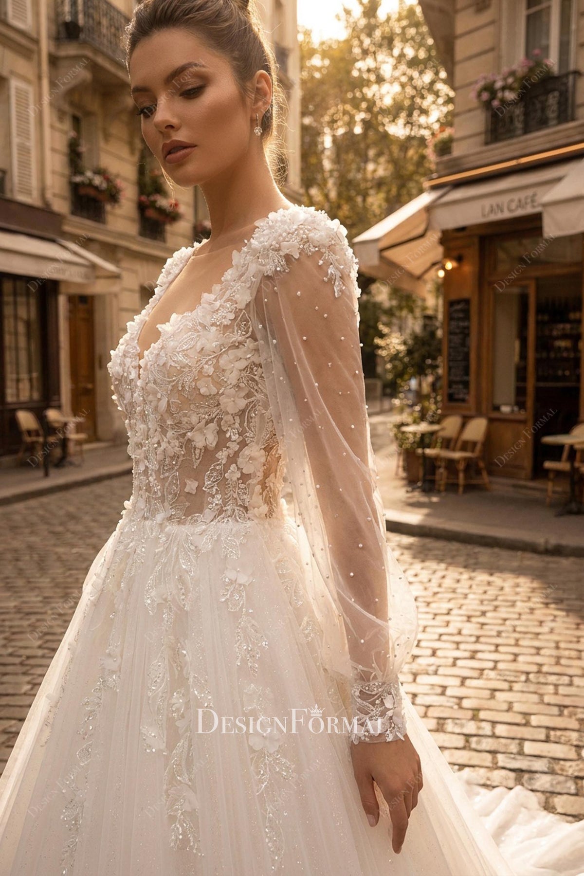 long illusion sleeve wedding dress