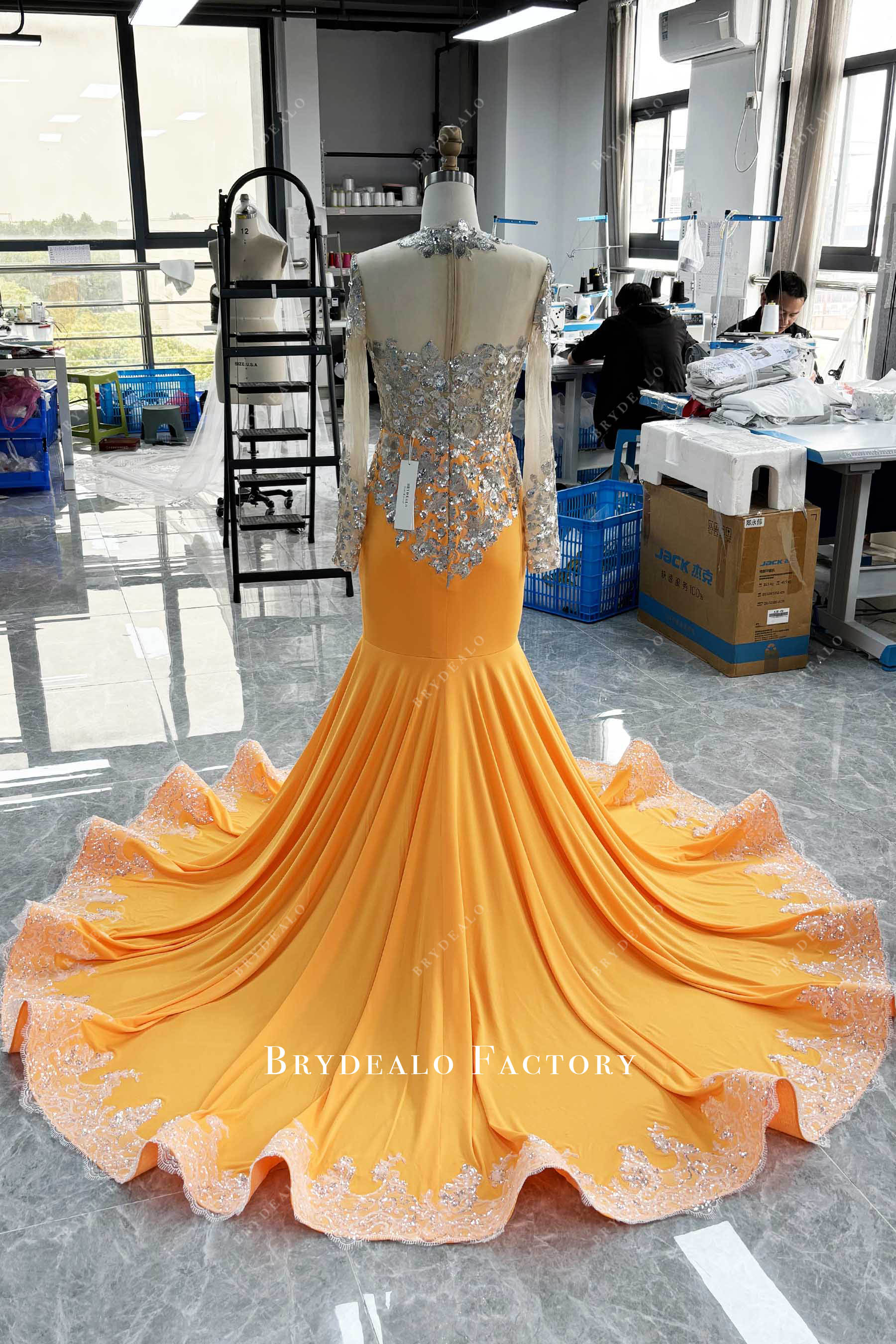 designer long jersey ruffled prom dress