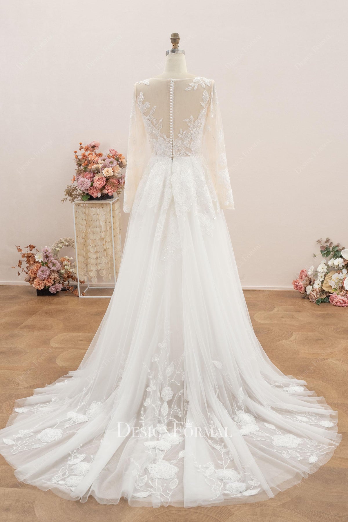 long lace court train wedding dress