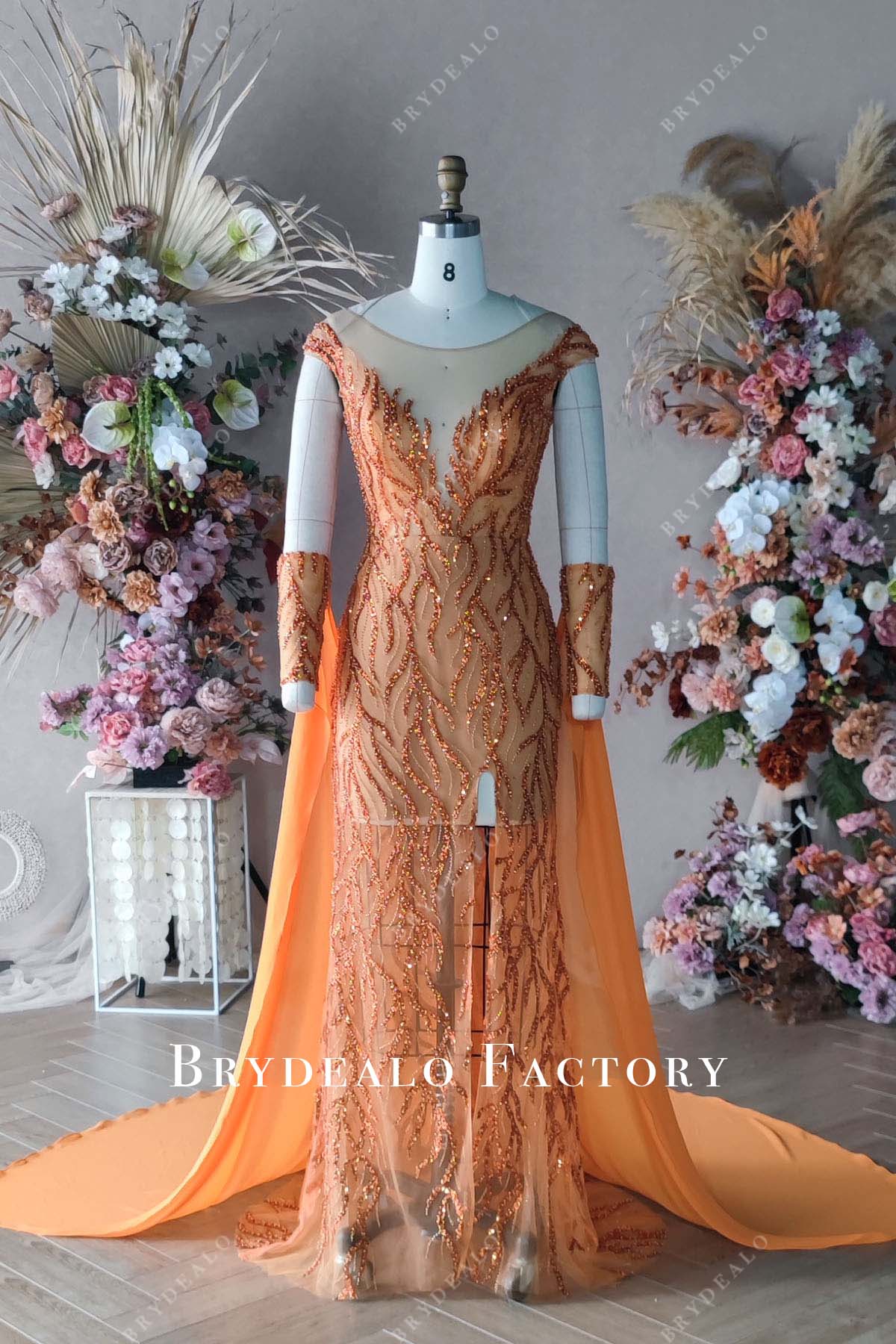 strapless open back dress Custom Orange Beaded Slit Long Prom Dress