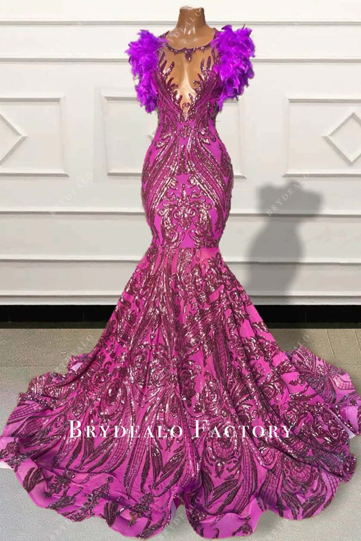 fitted lace wedding dress Open Back Hot Pink Sequin Feathered Long Train Prom Dress