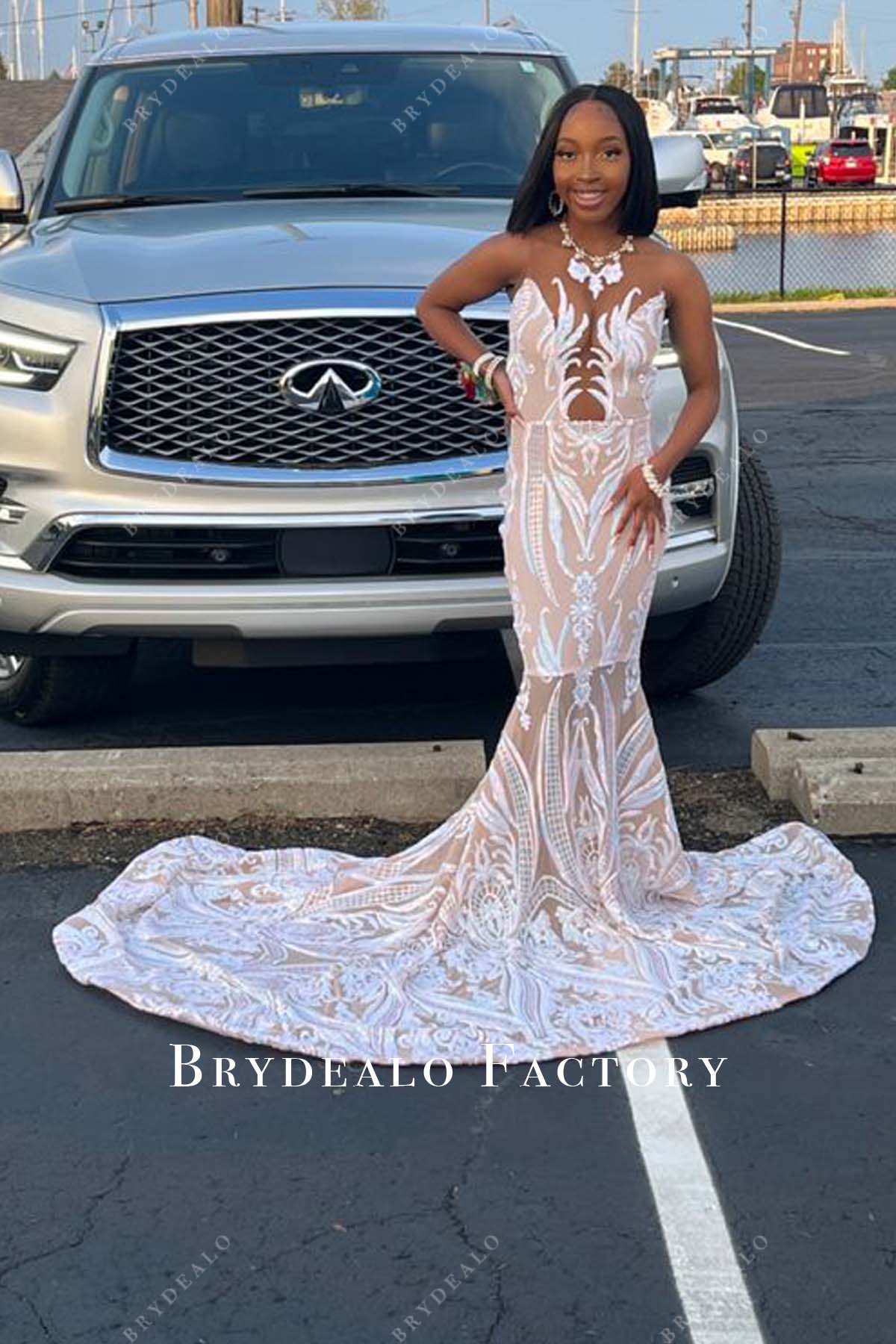 illusion neck sleeveless long train prom gown