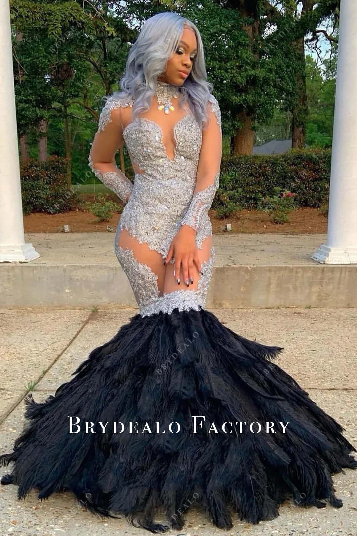 Two-tone Lace Long Sleeve Big Ostrich Feather Trumpet Prom Dress