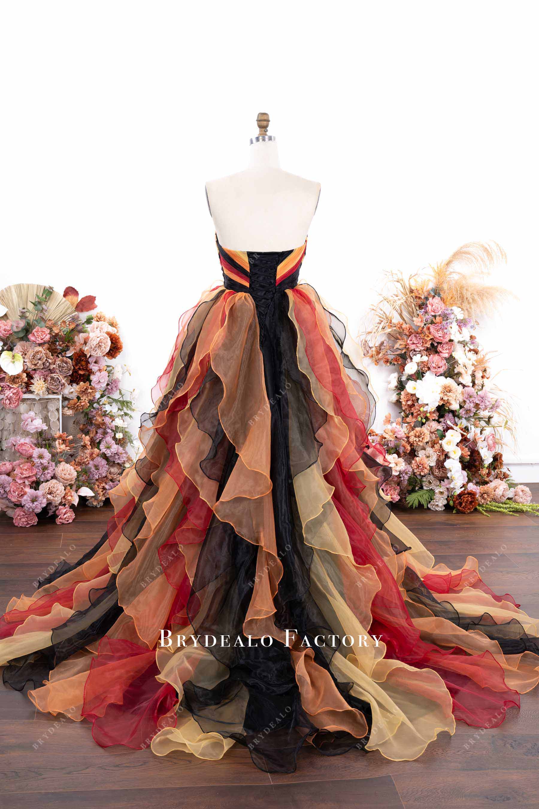 long ruffled organza prom dress