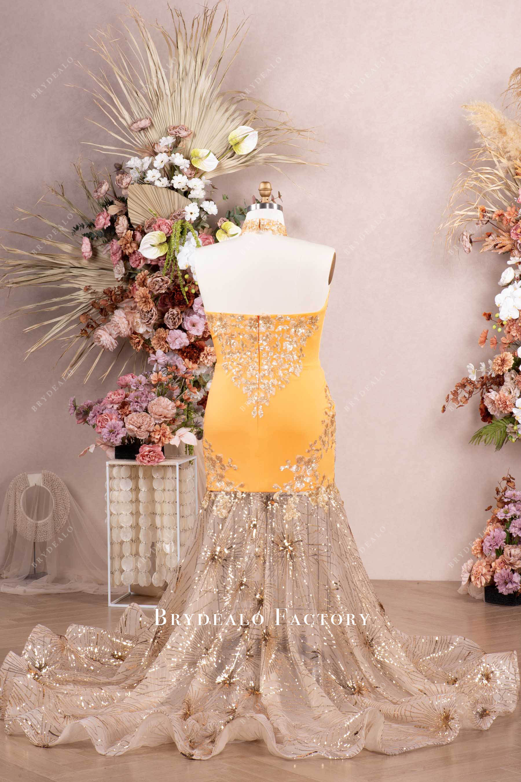 long ruffled train sequin jersey prom dress