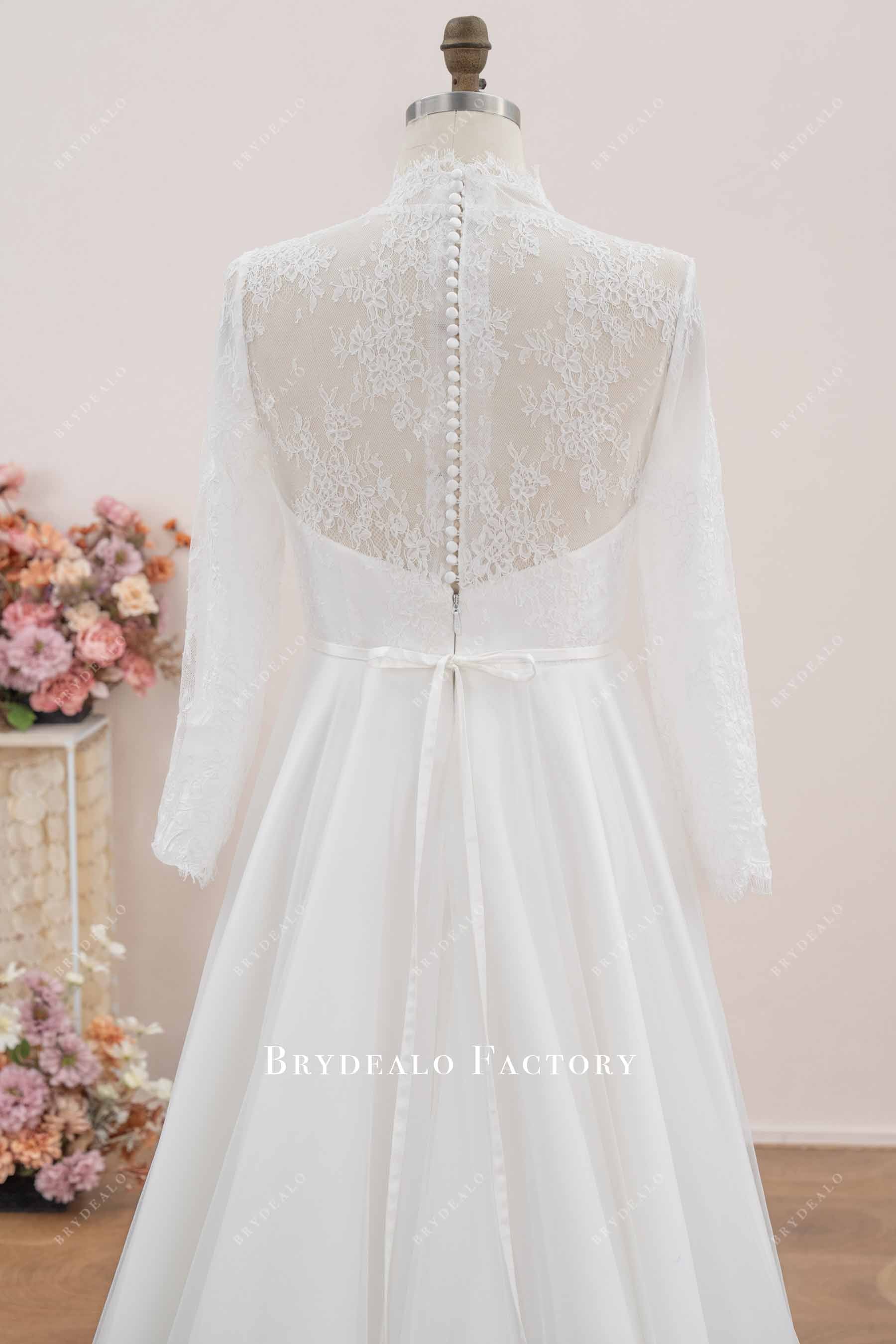 sheer long sleeves white bowknot belt wedding gown