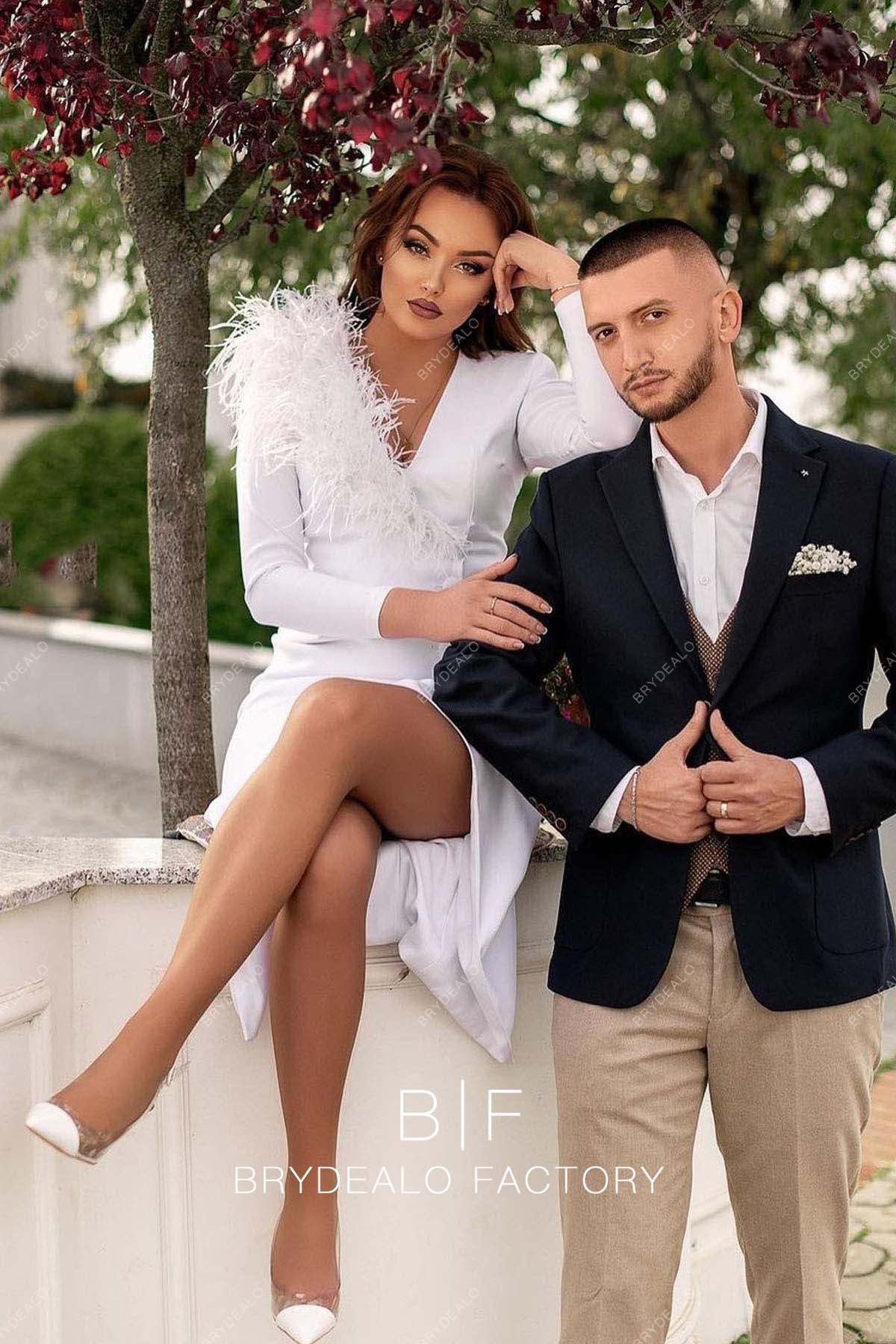 Chic Feathered V-neck Long Sleeve Wedding Reception Dress