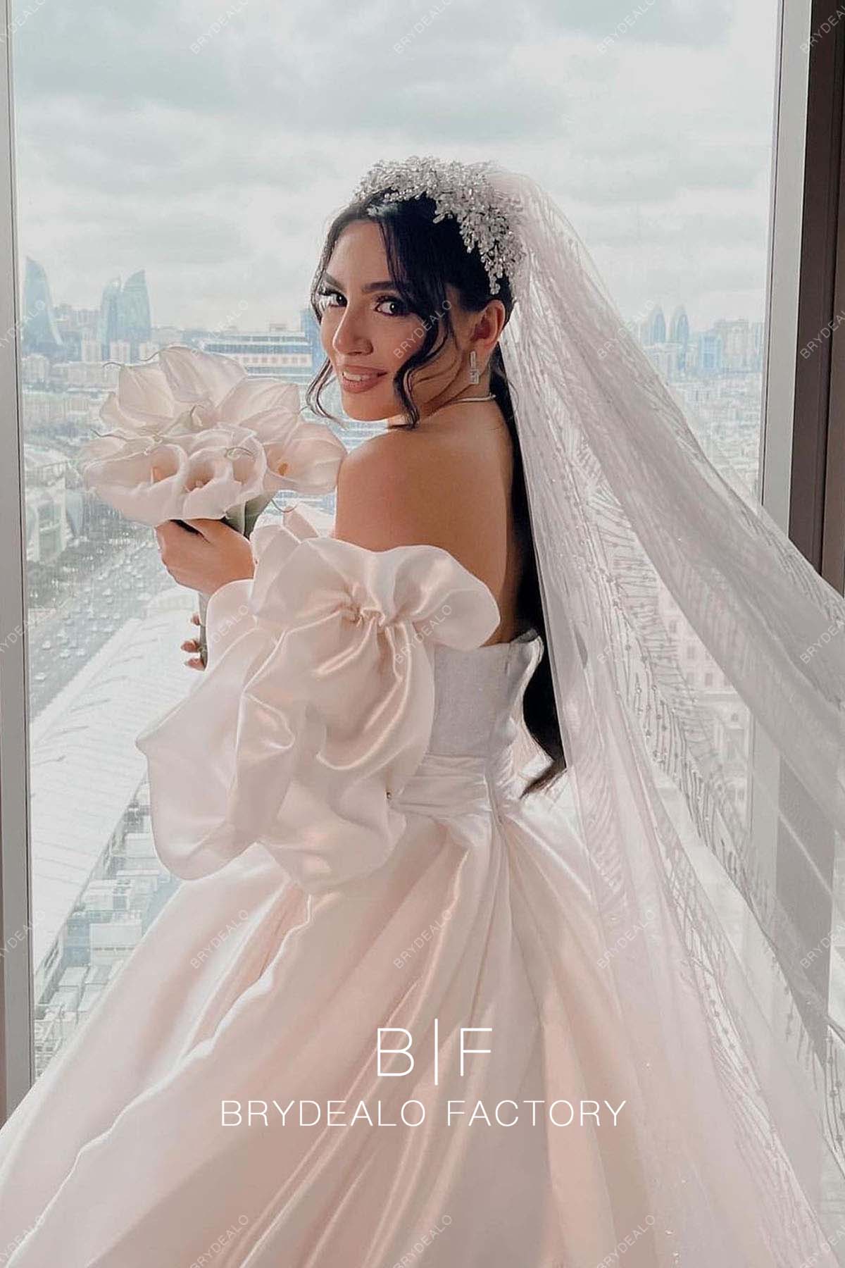 Off Shoulder Designer Satin Long Sleeves Wedding Dress