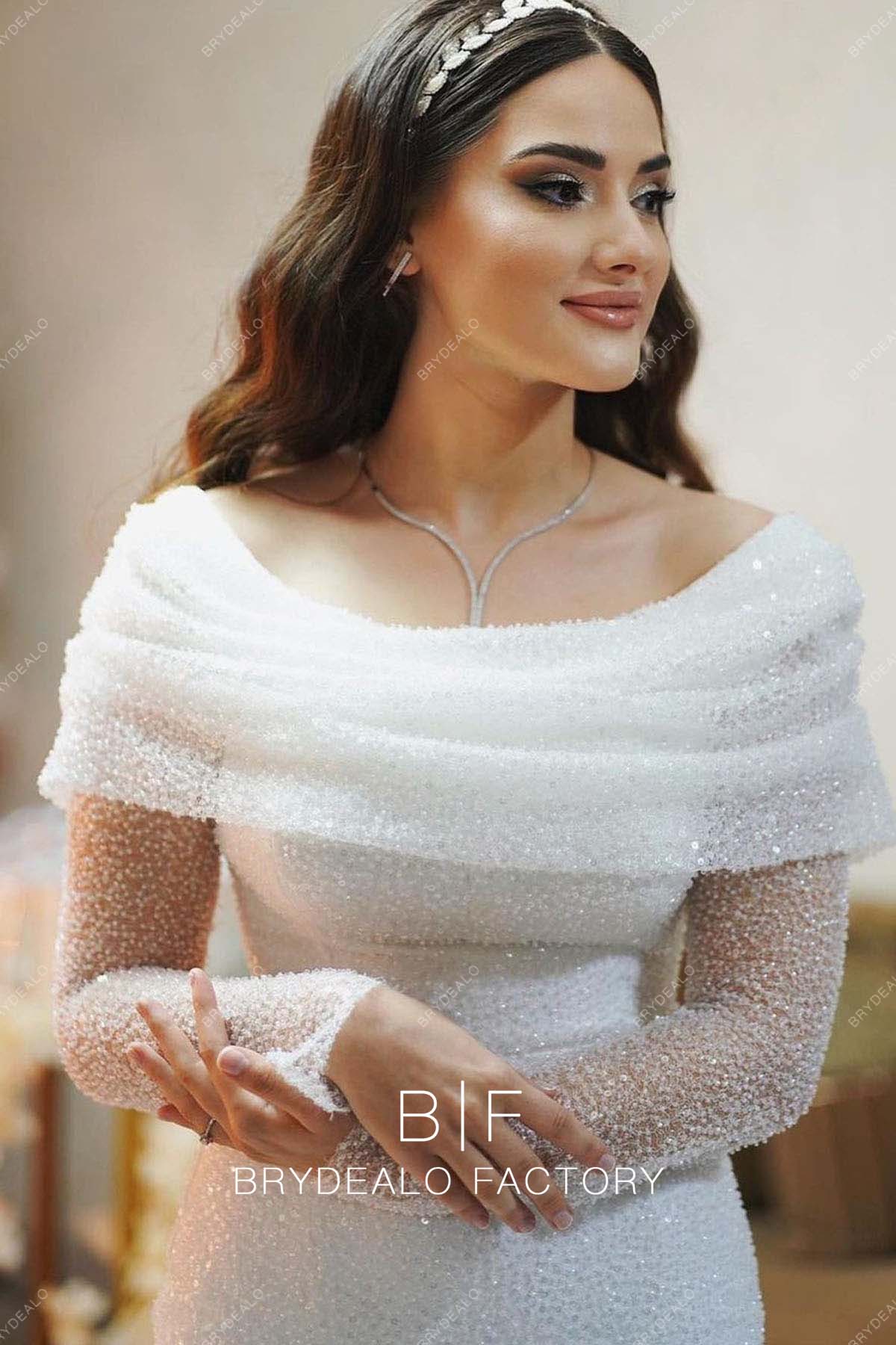 Luxury Allover Beading Sequins Off Shoulder Long Mermaid Wedding Dress