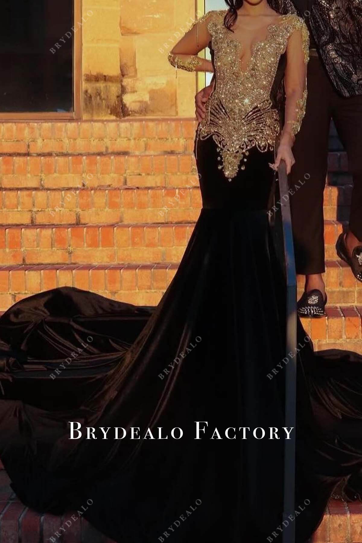 long sleeves gold rhinestone black mermaid formal dress