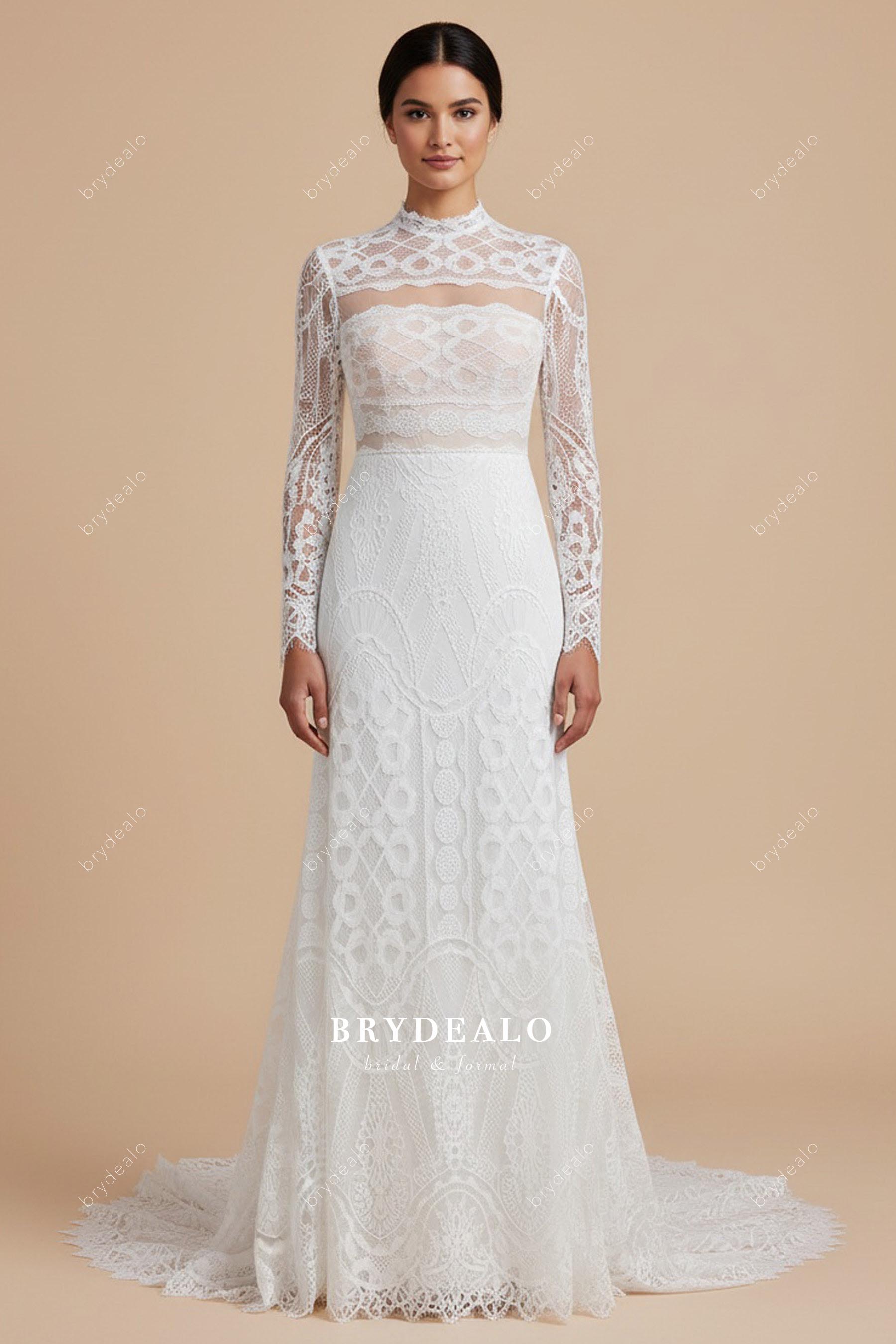 Boho Lace High Neck Illusion Sleeves Fit-And-Flare Wedding Dress Boho Lace High Neck Illusion Sleeves Fit-And-Flare Wedding Dress
