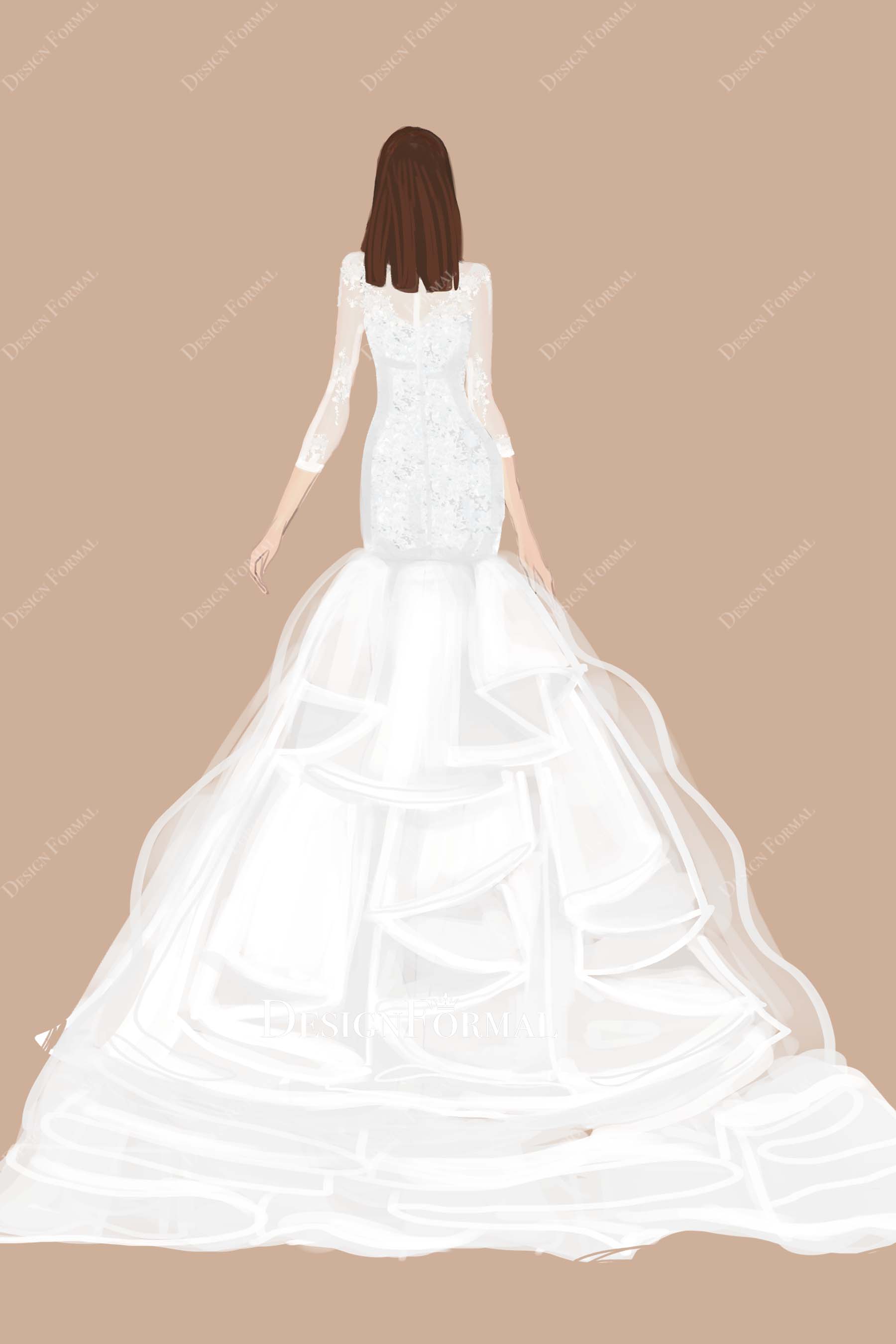 court train long sleeves lace wedding dress sketch