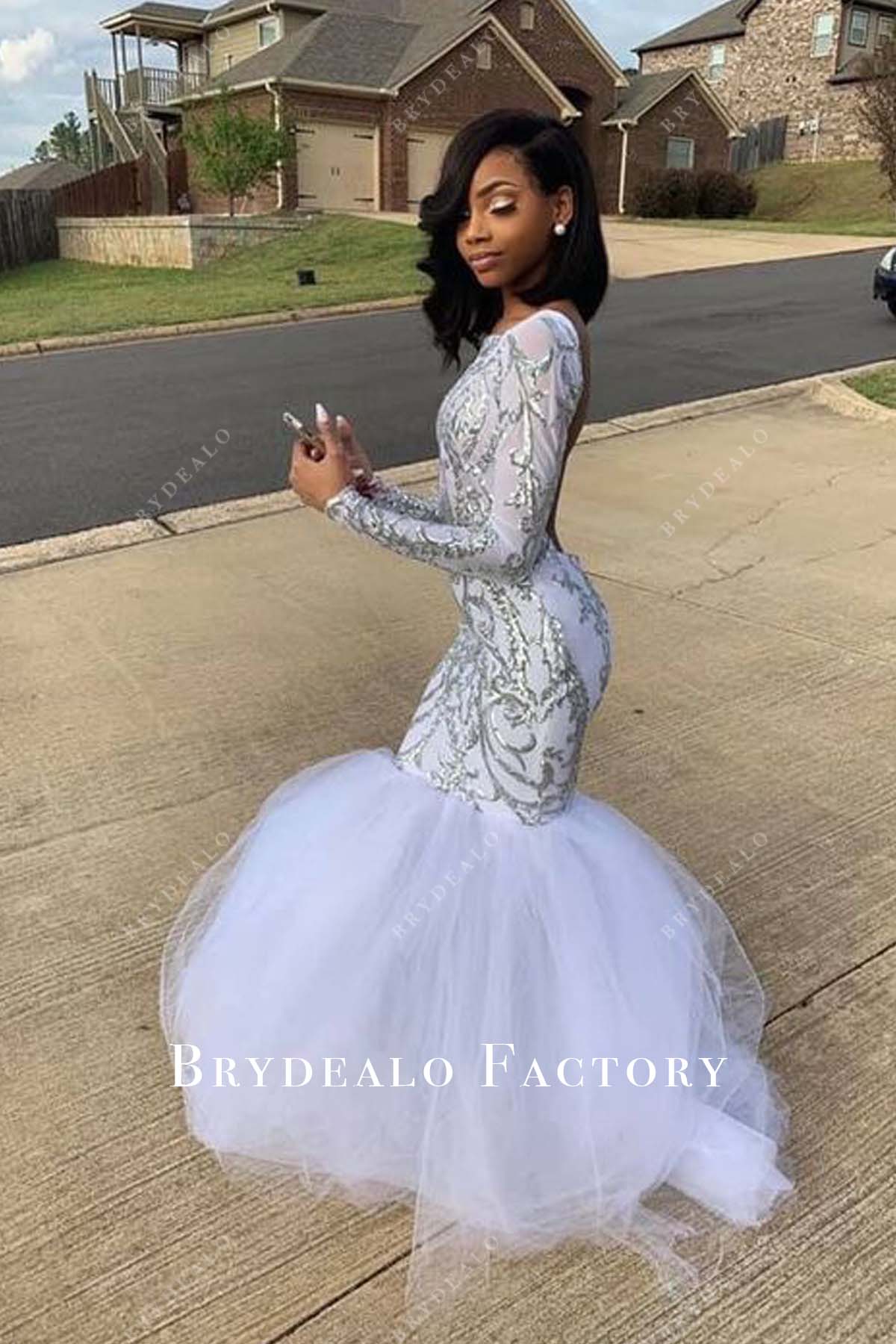 silver sequin white tulle trumpet long prom dress