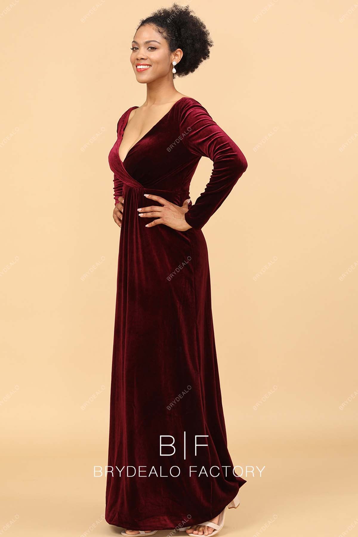 long sleeves ruby velvet bridesmaid gown