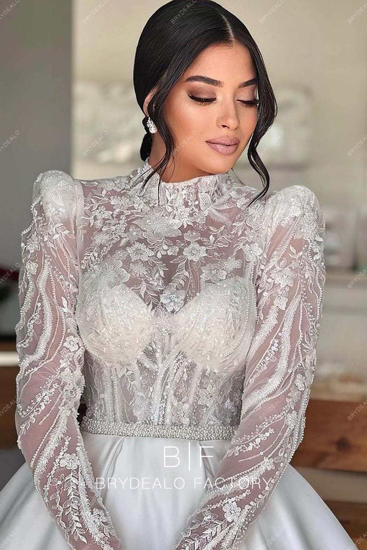 Designer Wild Lace Long Sleeve Ball Gown Satin Wedding Dress