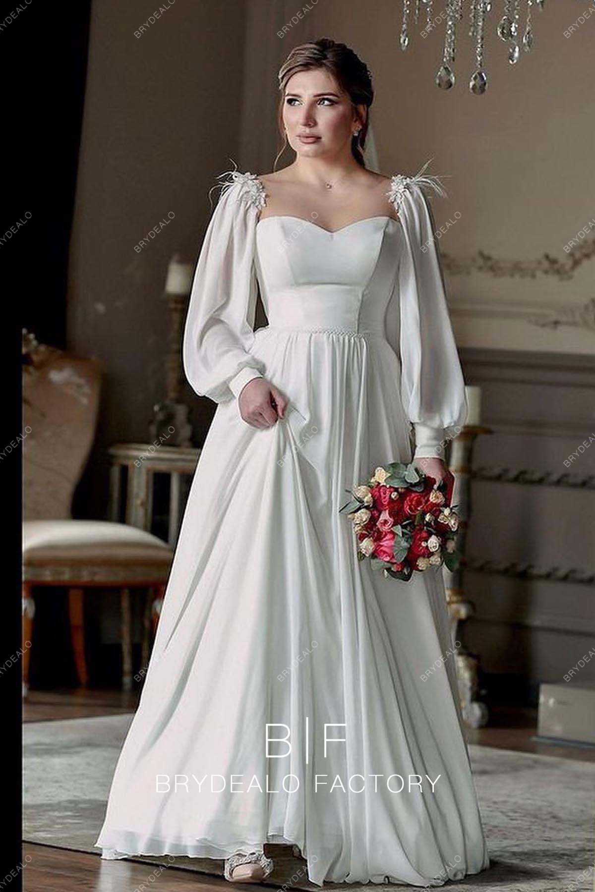 Plus Size Ivory Chiffon Boho Sweetheart Neck Long Sleeve Bridal Dress