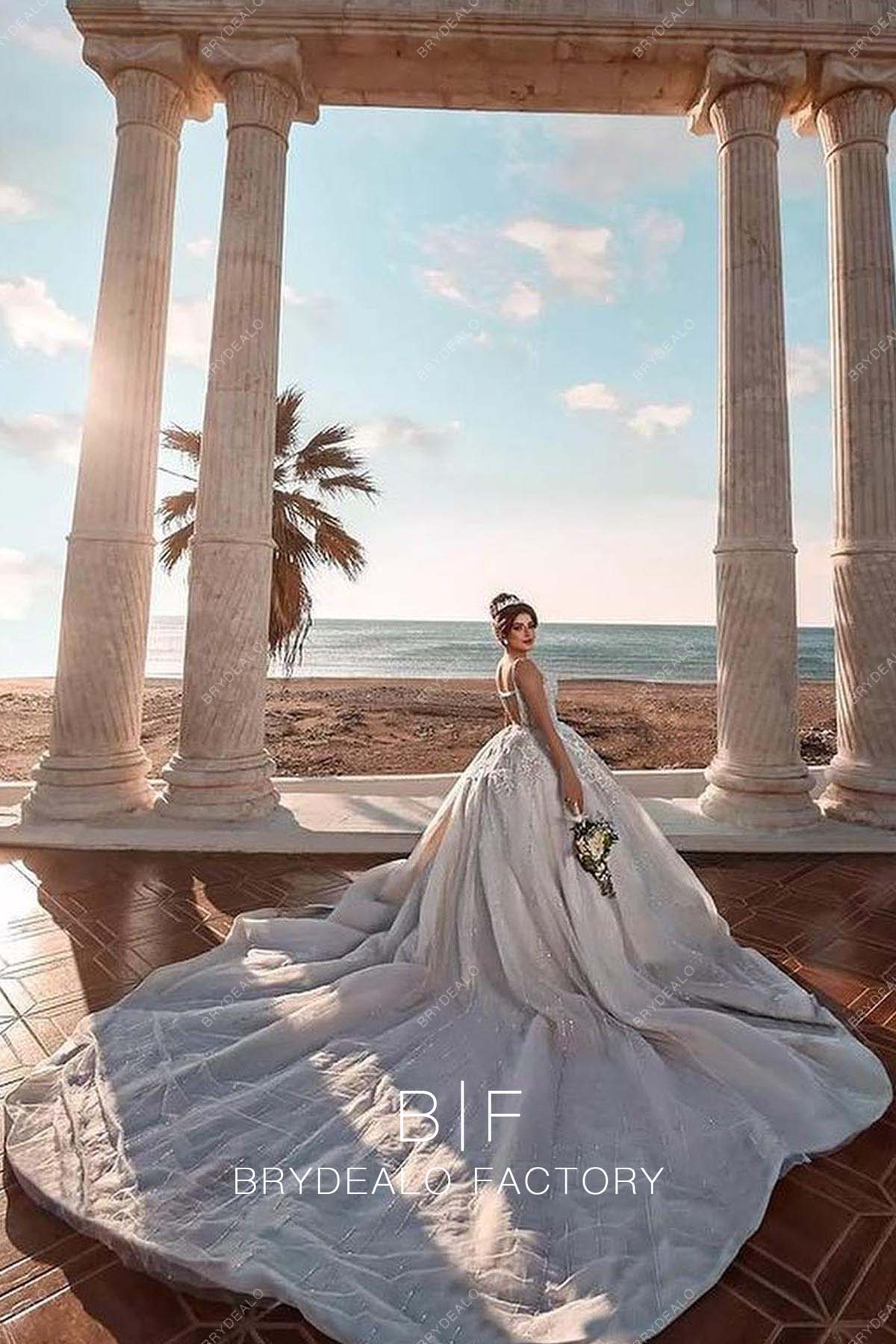 Cathedral Long Train Open Back Beach Wedding Gown