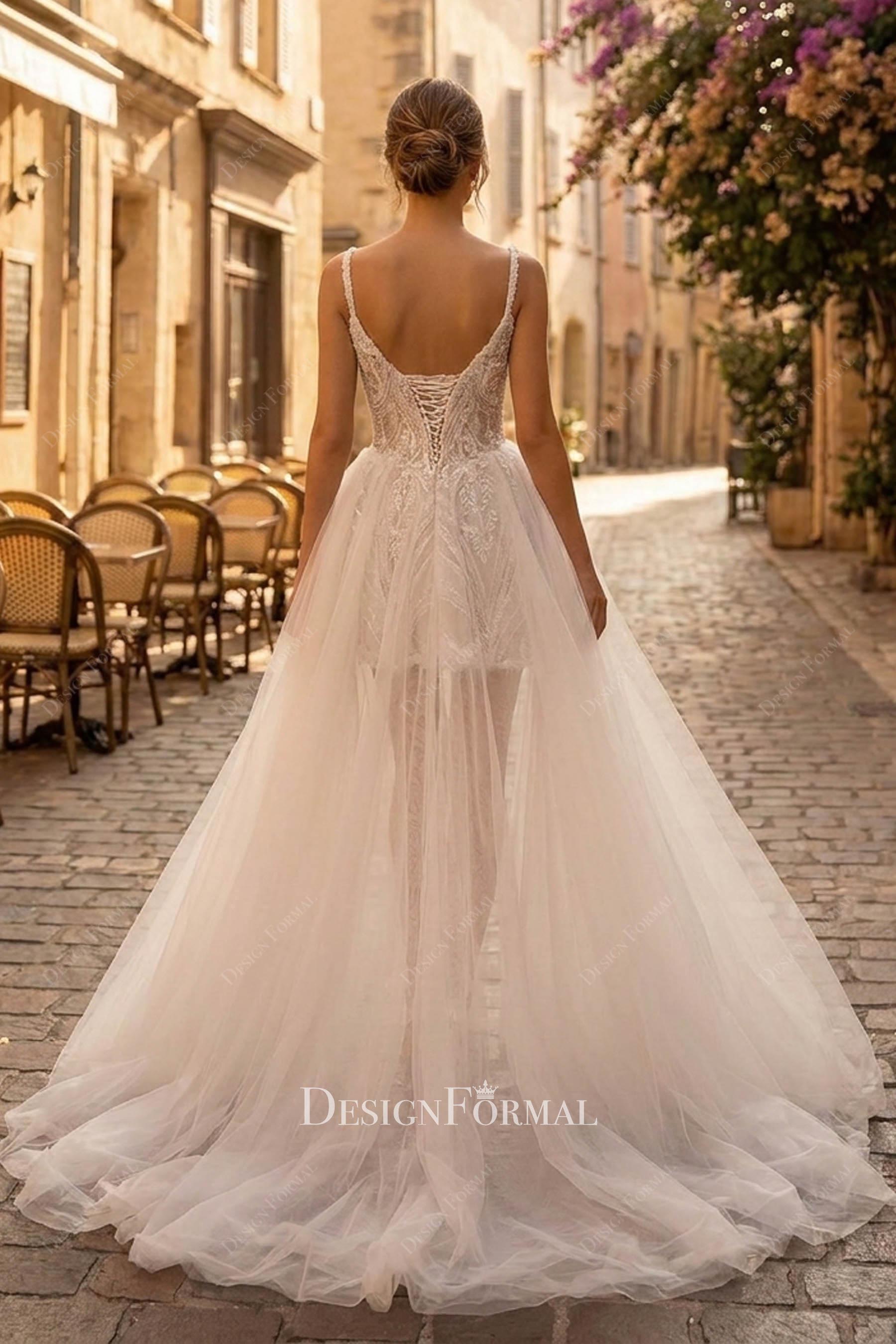 long train detachable overskirt wedding dress