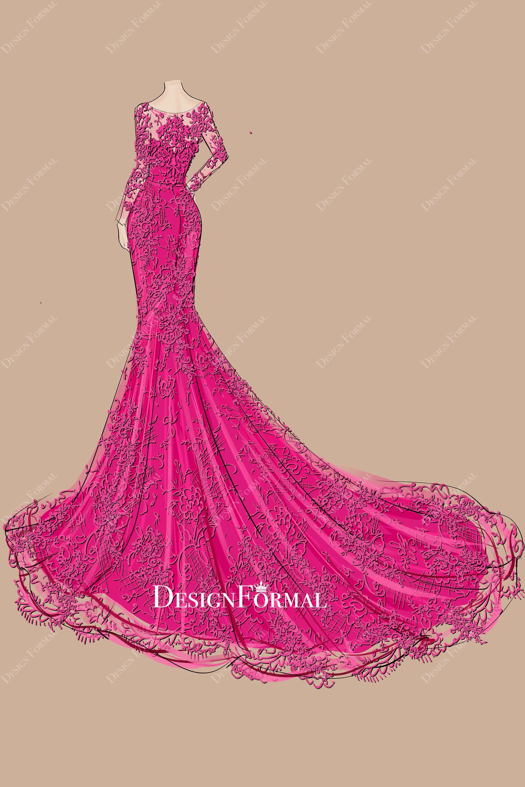 long train orchid lace formal dress sketch