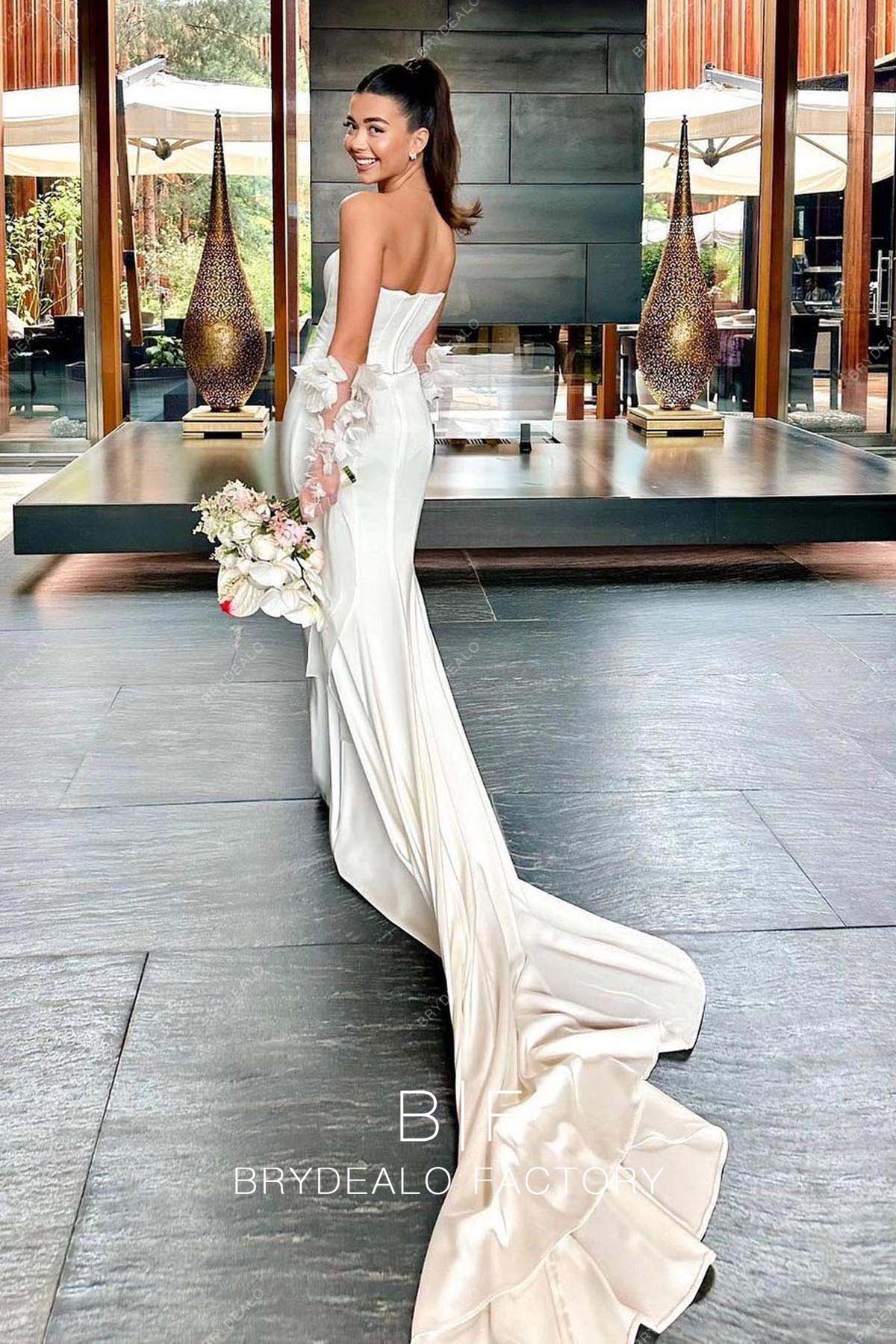 Strapless Corset Long Train Vintage Crepe Mermaid Bridal Dress