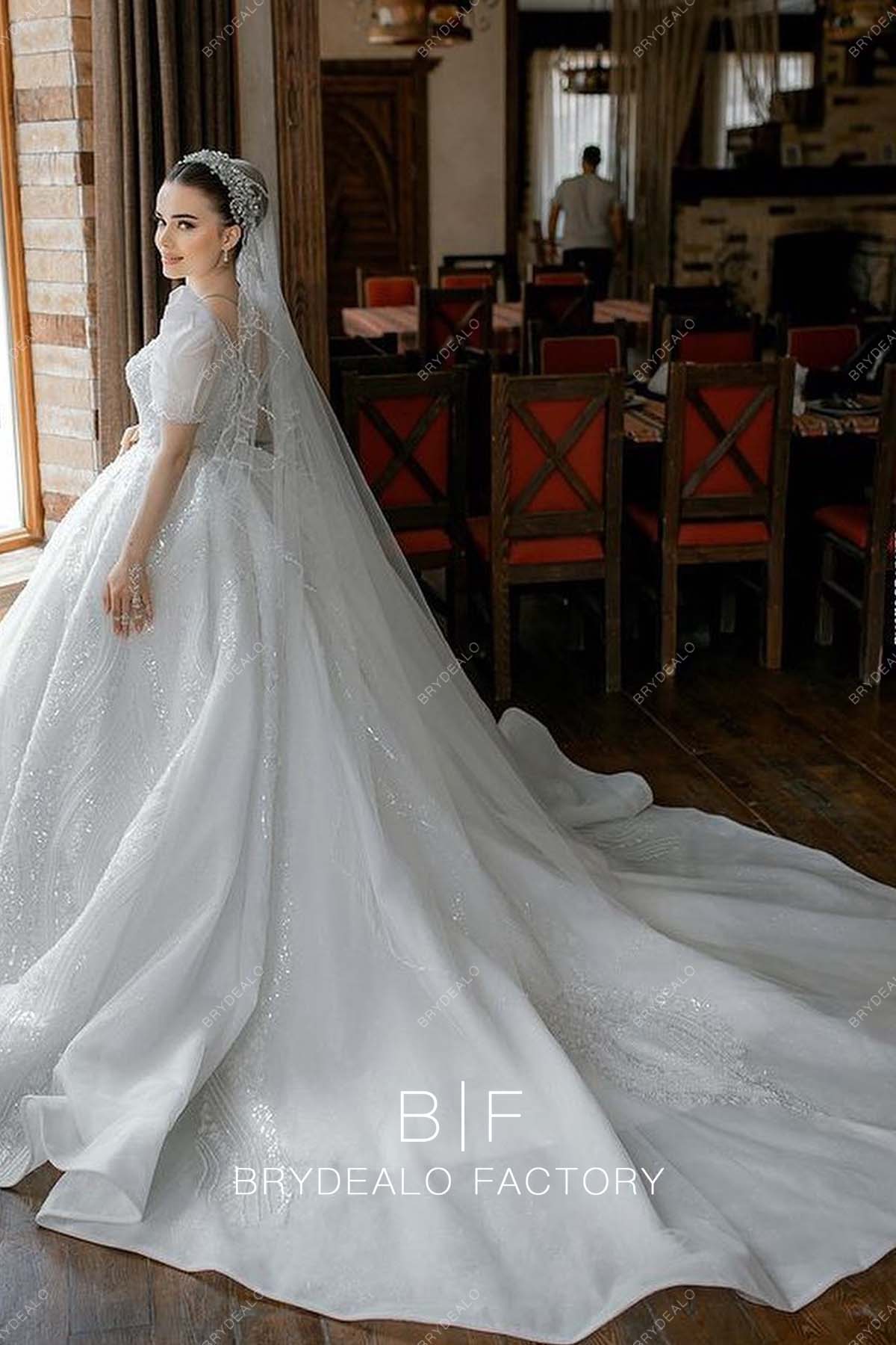 fitted lace wedding dress Sparkly Pearls Sweetheart Neck Luxury Ball Gown Long Train Bridal Dress