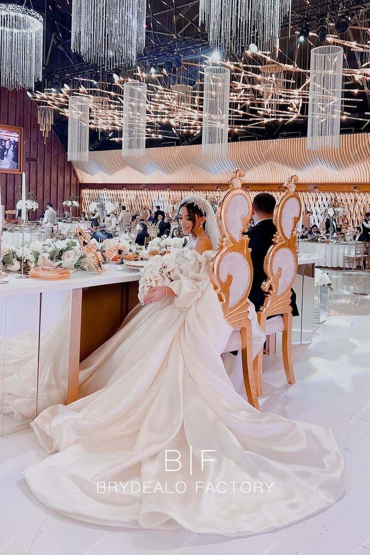 designer long train ball gown satin wedding dress