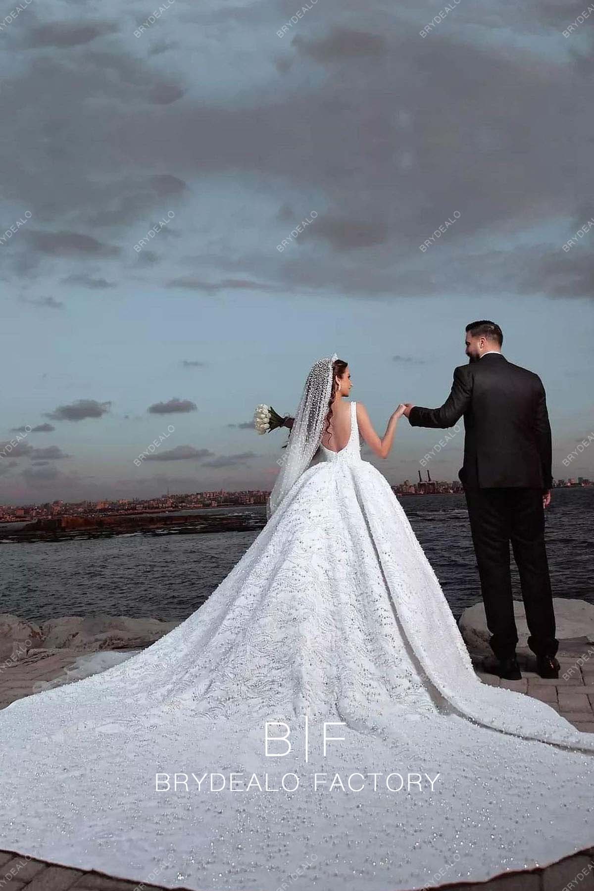 open low back long train designer wedding dress