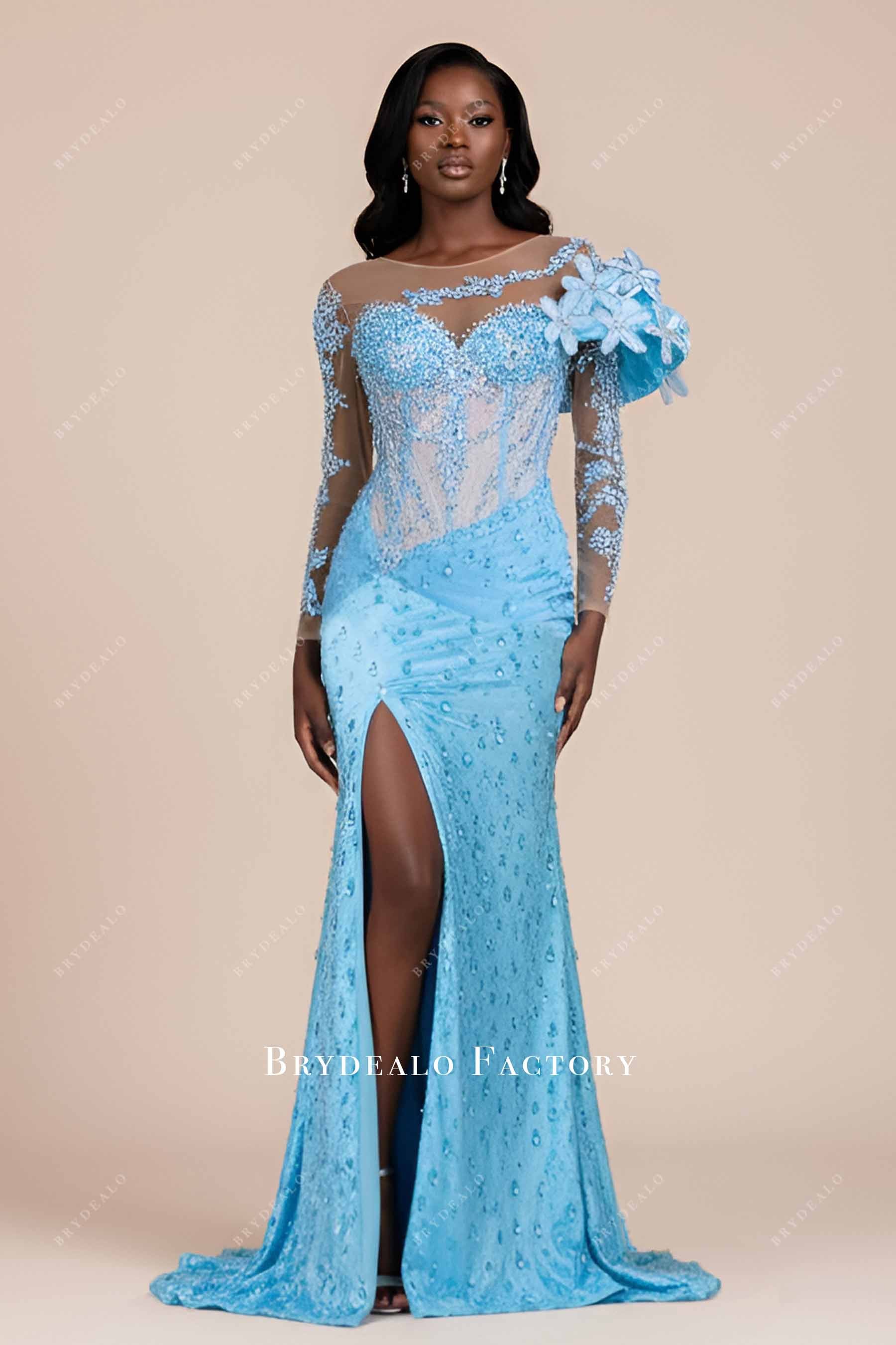 Sleeved Shoulder Large Flowers Tear-Drop Rhinestones Pageant Prom Dress Sleeved Shoulder Large Flowers Tear-Drop Rhinestones Pageant Prom Dress
