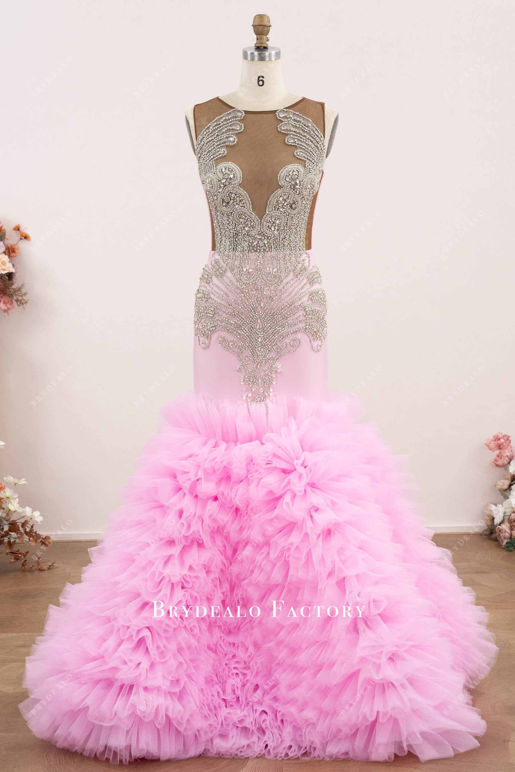 luxury candy pink ruffled trumpet prom dress
