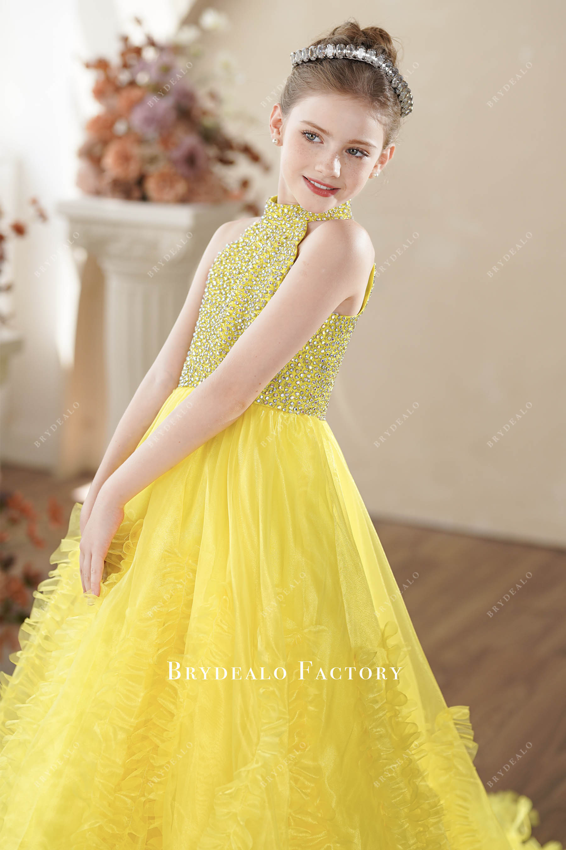 Yellow Organza Sparkly Rhinestone Sleeveless Little Girl Pageant Dress Yellow Organza Sparkly Rhinestone Sleeveless Little Girl Pageant Dress