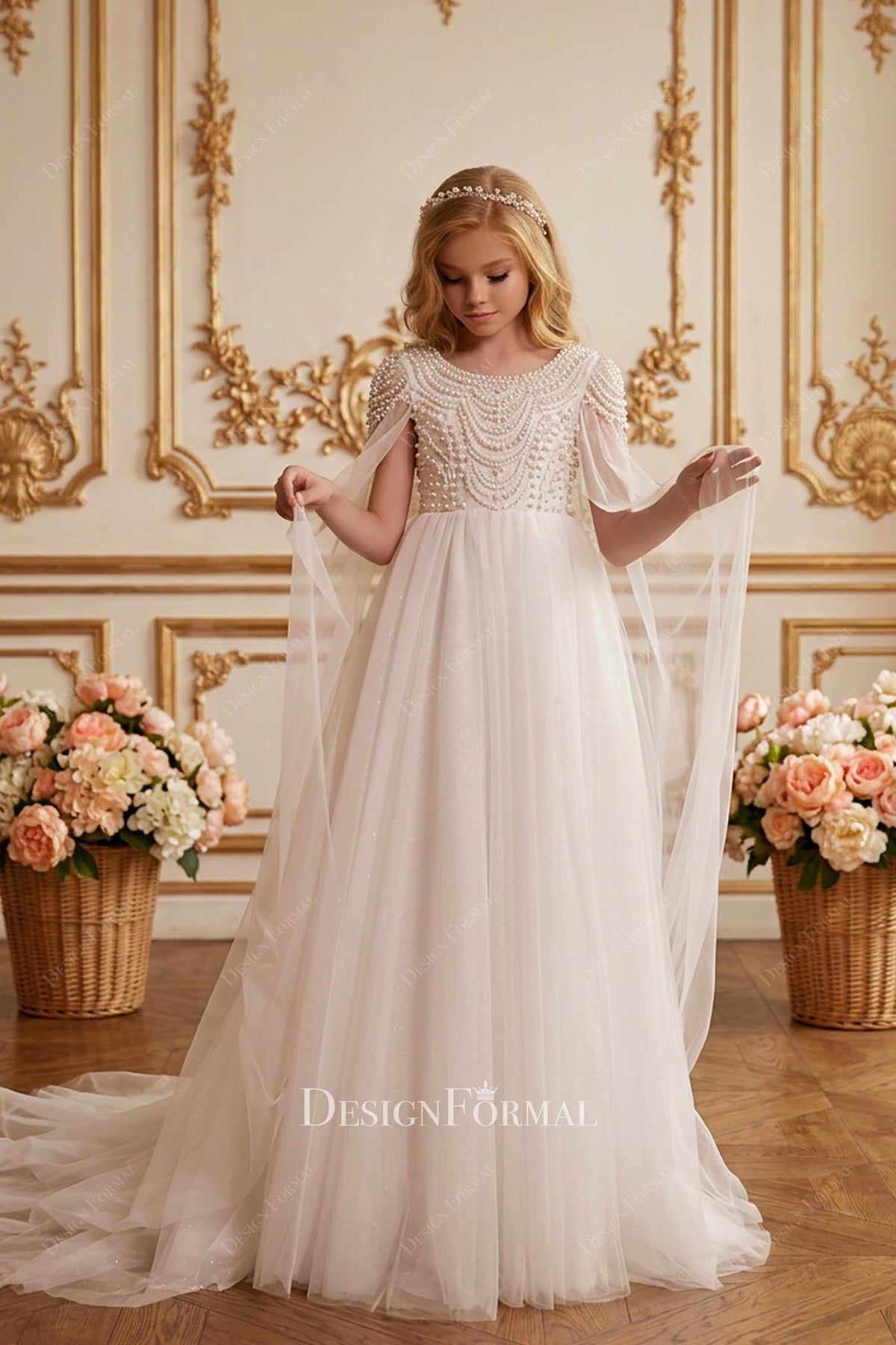 luxury first communion dresses Pearls Bodice Cape Sleeve Dress asymmetrical dress formal Color:Berry Sky Tie-Dye Flower Girl Dress Juliette Pearl Buttons Midi