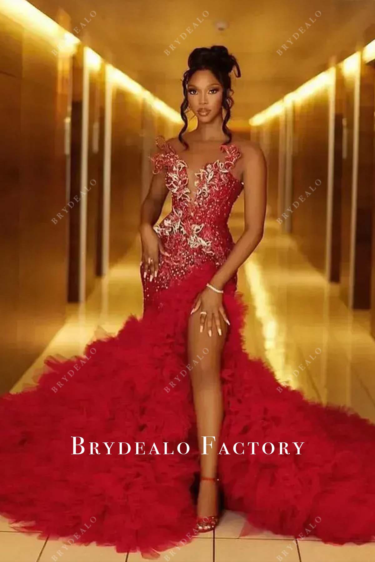 Custom Luxury Ruffled Trumpet Slit Shimmer Red Prom Dress