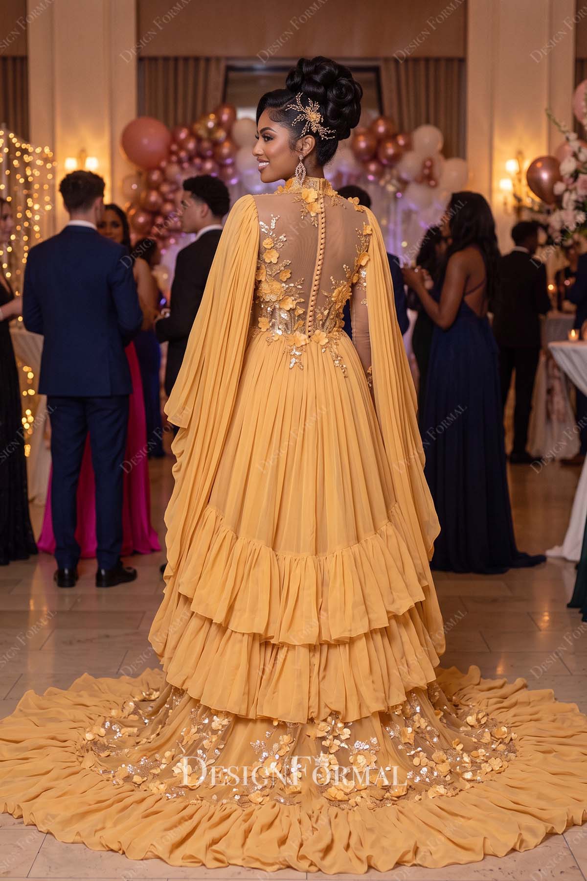 marigold chiffon illusion back formal dress