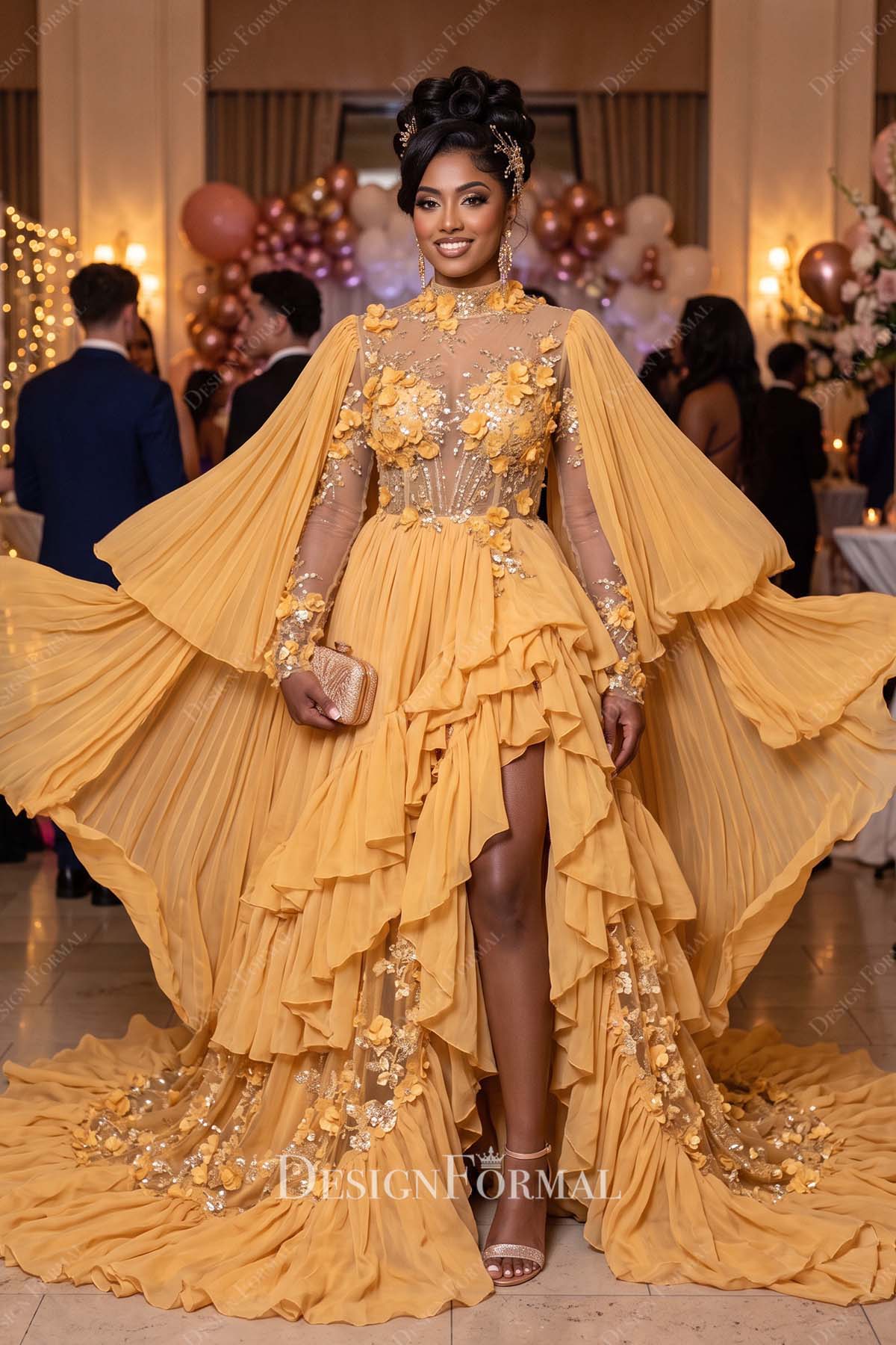 marigold chiffon ruffled formal dress