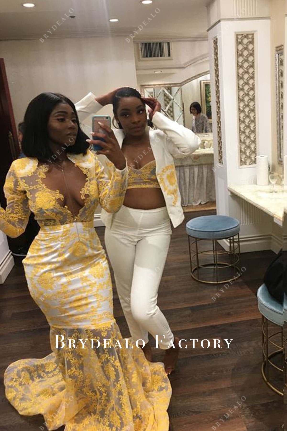Marigold Lace Long Sleeves Plunging Neck Mermaid Prom Dress Marigold Lace Long Sleeves Plunging Neck Mermaid Prom Dress