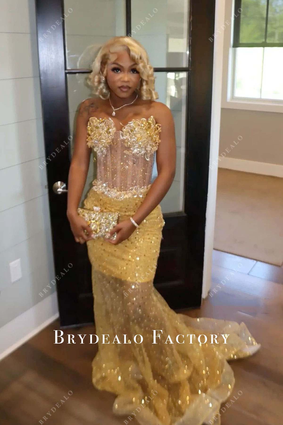 marigold sequined sweetheart neck prom dress