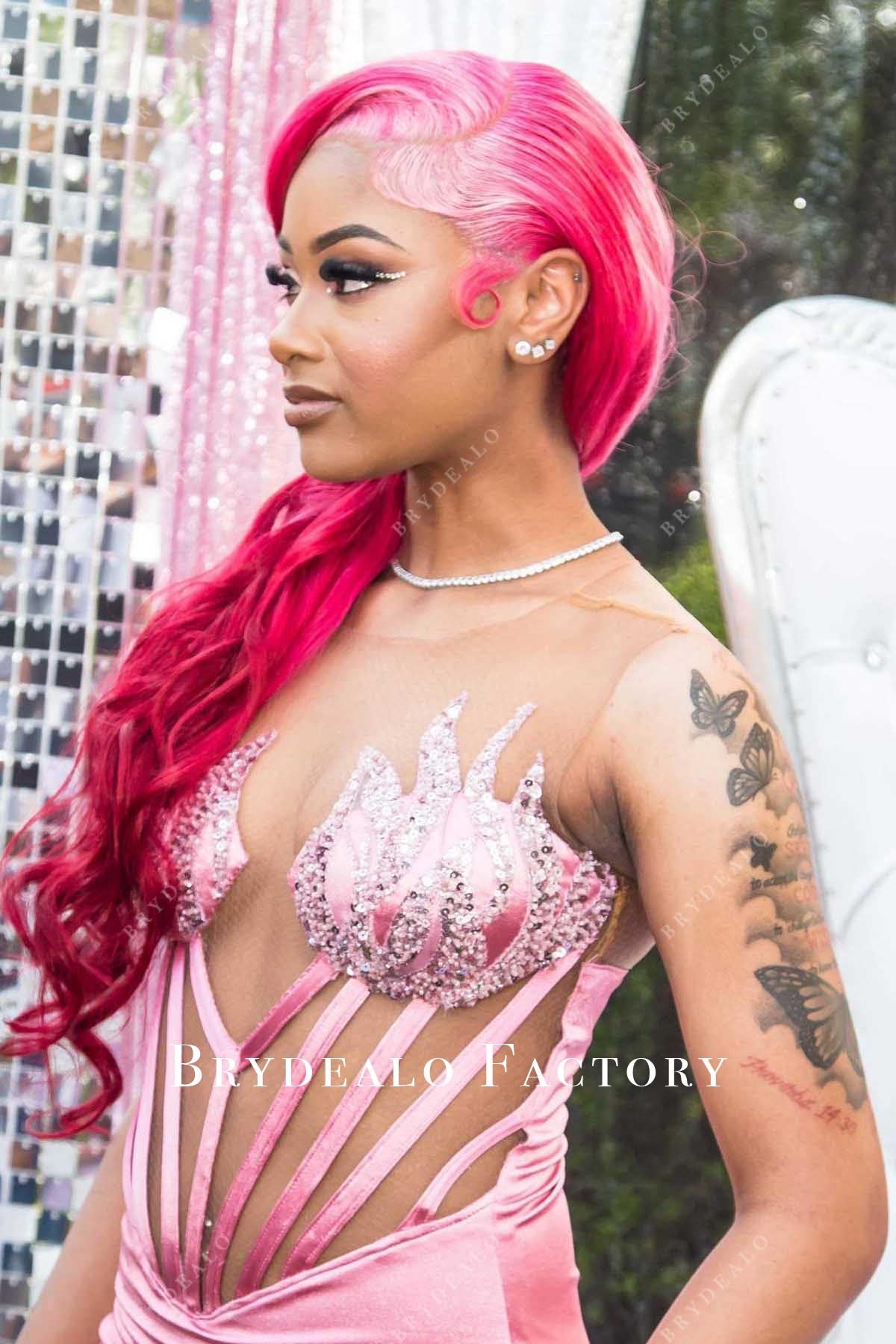 mauve glitter sleeveless prom dress