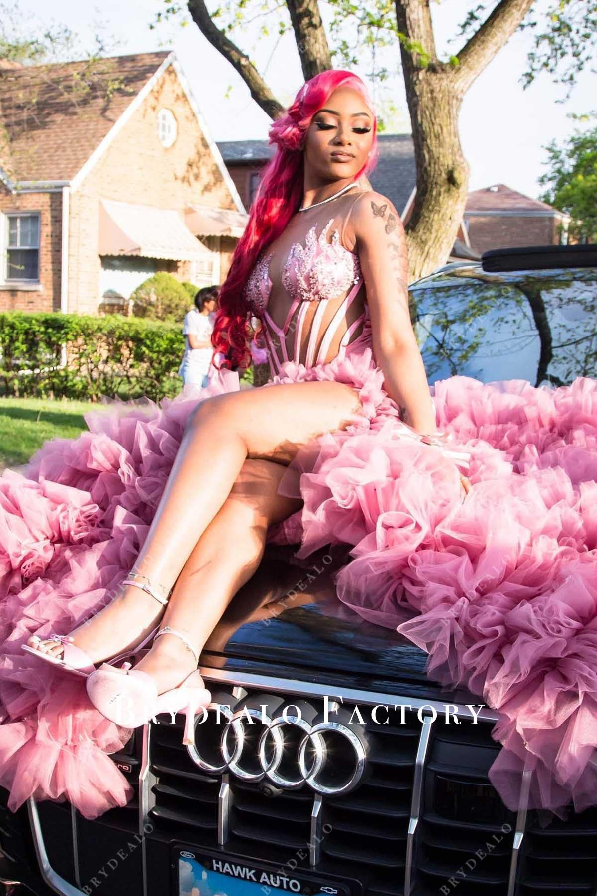 mauve illusion neck prom dress