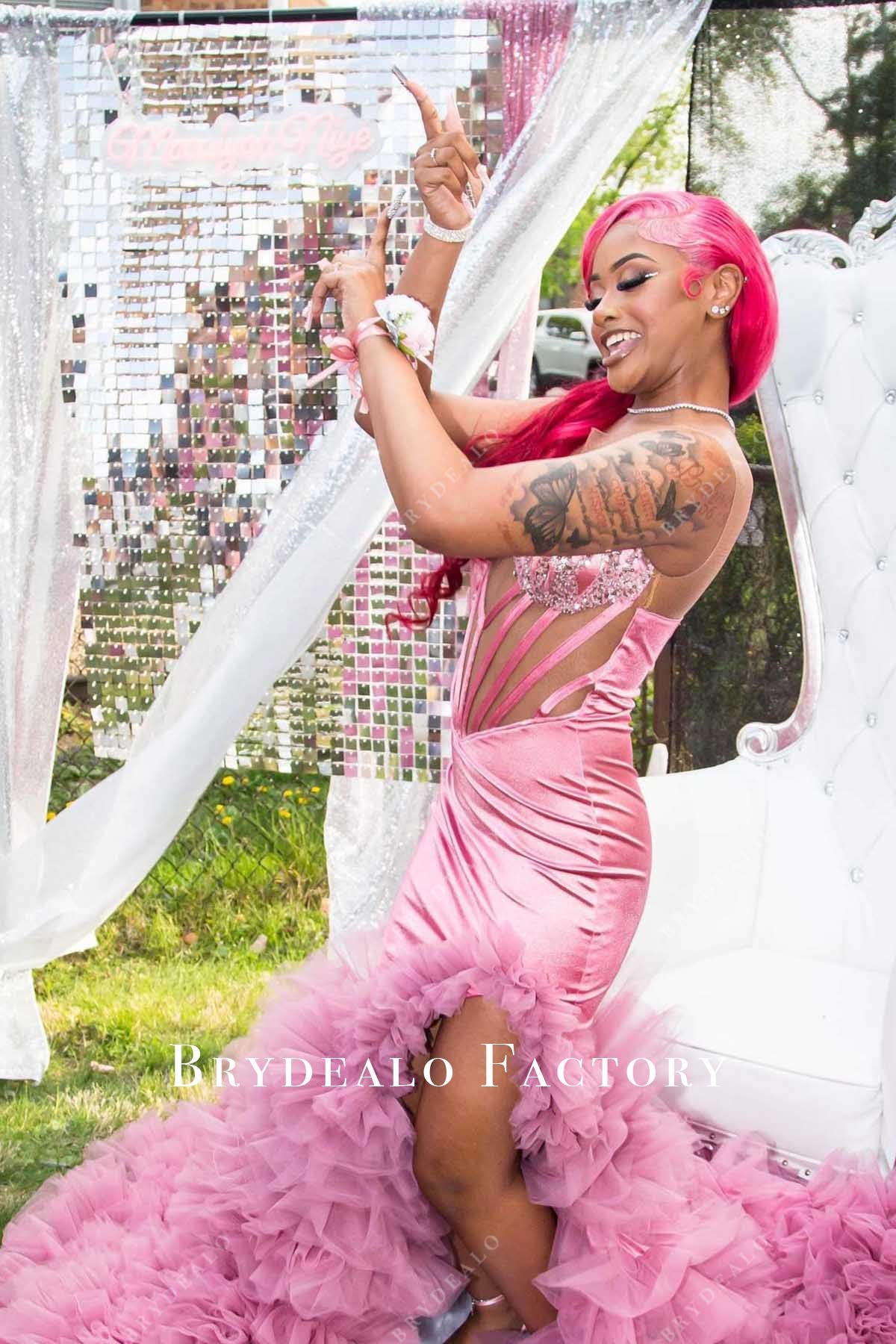 mauve ruffled slit prom dress