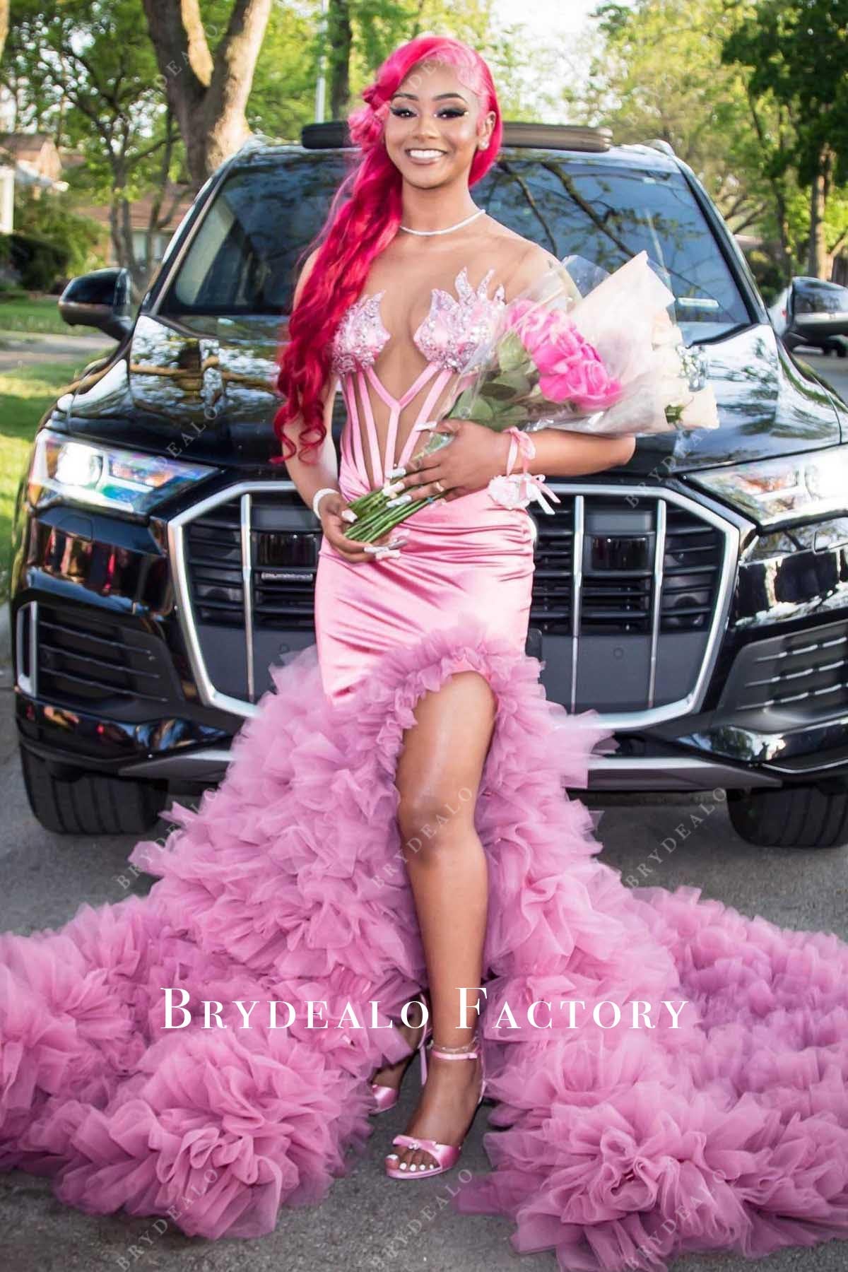 mauve slit trumpet prom dress