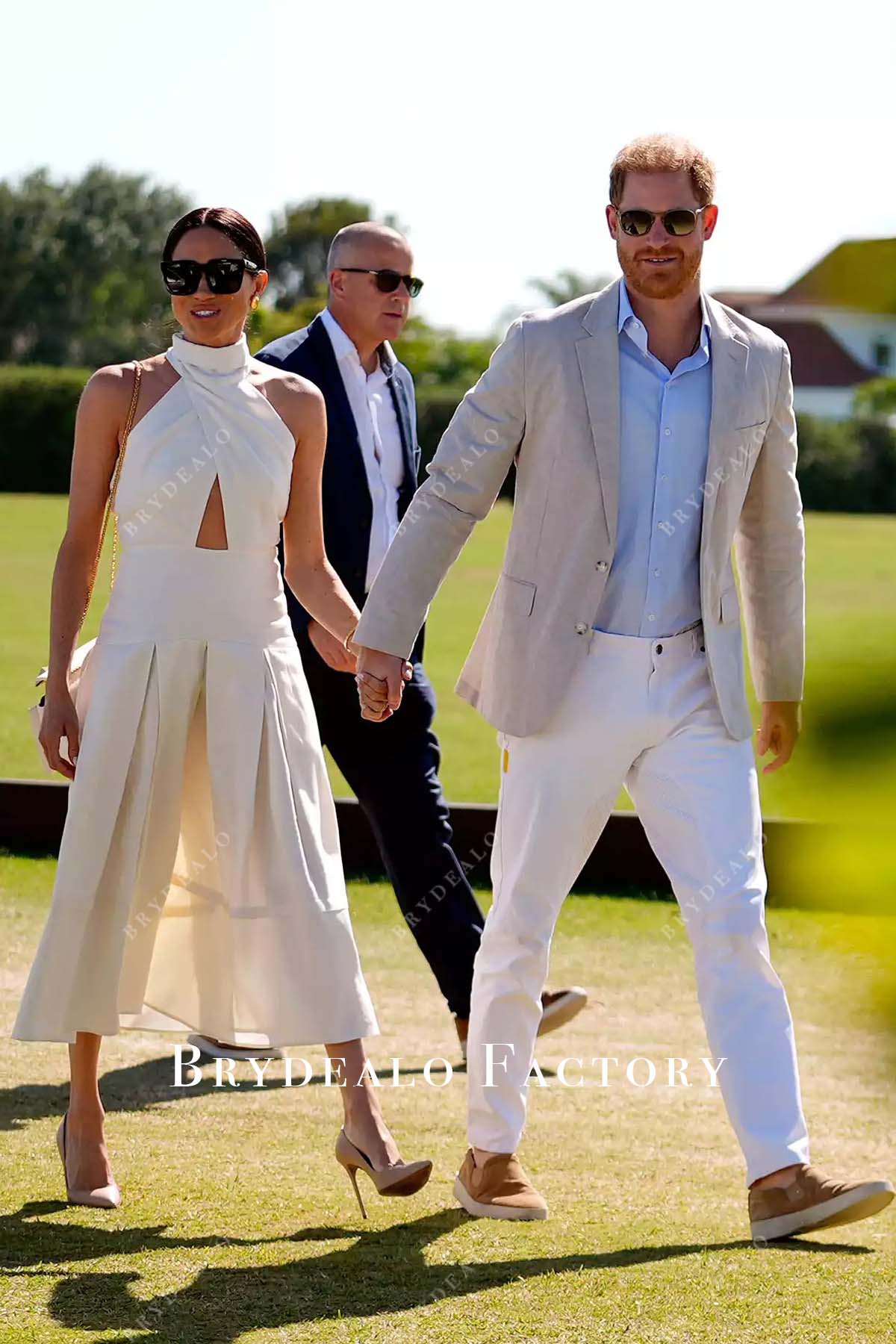 meghan markle dress Meghan Markle White Halter Tea Length 2024 Polo Tournament Dress