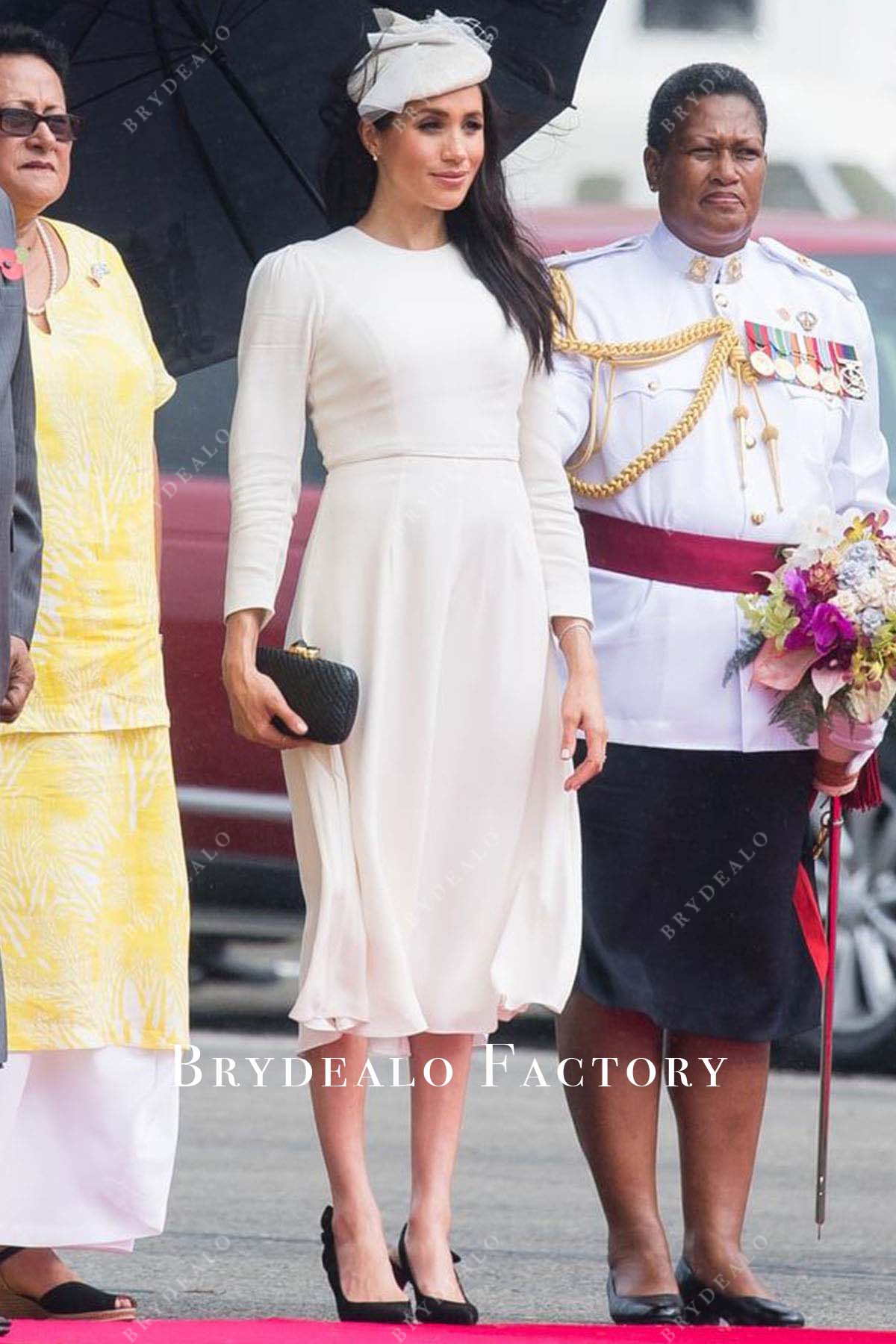 Meghan Markle tea-length dress Suva’s Nausori Airport 2018