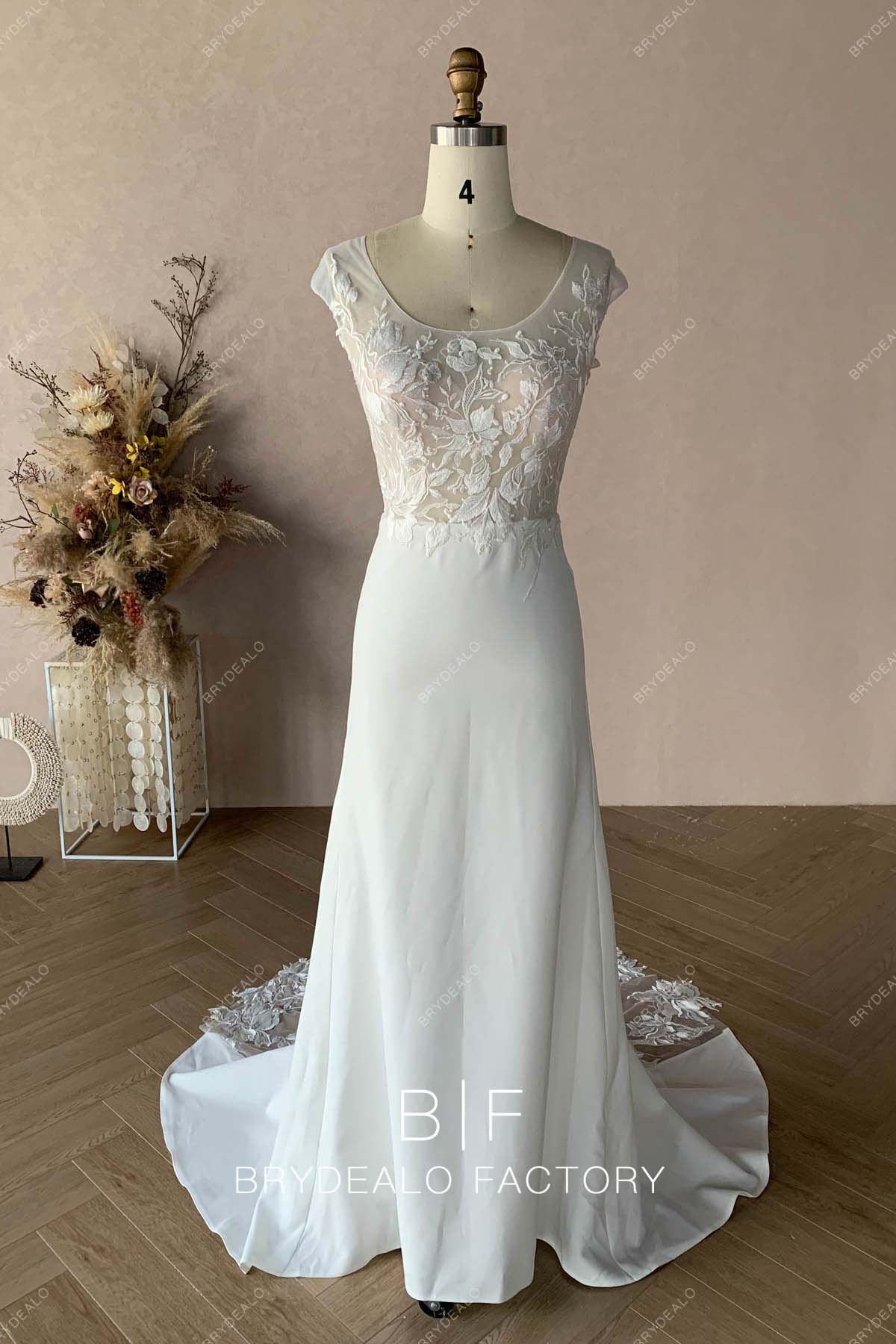 Designer Lace Scoop Neck Crepe Mermaid Illusion Train Bridal Dress Designer Lace Scoop Neck Crepe Mermaid Illusion Train Bridal Dress